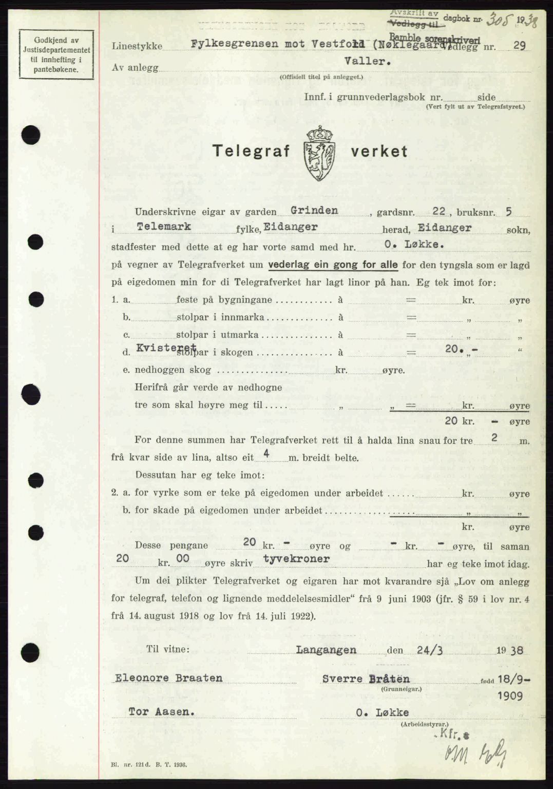 Bamble sorenskriveri, AV/SAKO-A-214/G/Ga/Gag/L0002: Pantebok nr. A-2, 1937-1938, Dagboknr: 305/1938