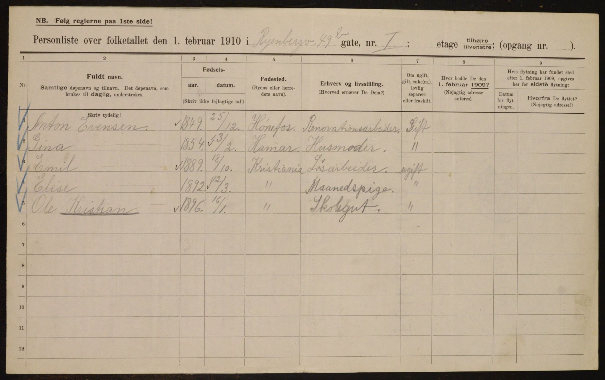 OBA, Kommunal folketelling 1.2.1910 for Kristiania, 1910, s. 82156