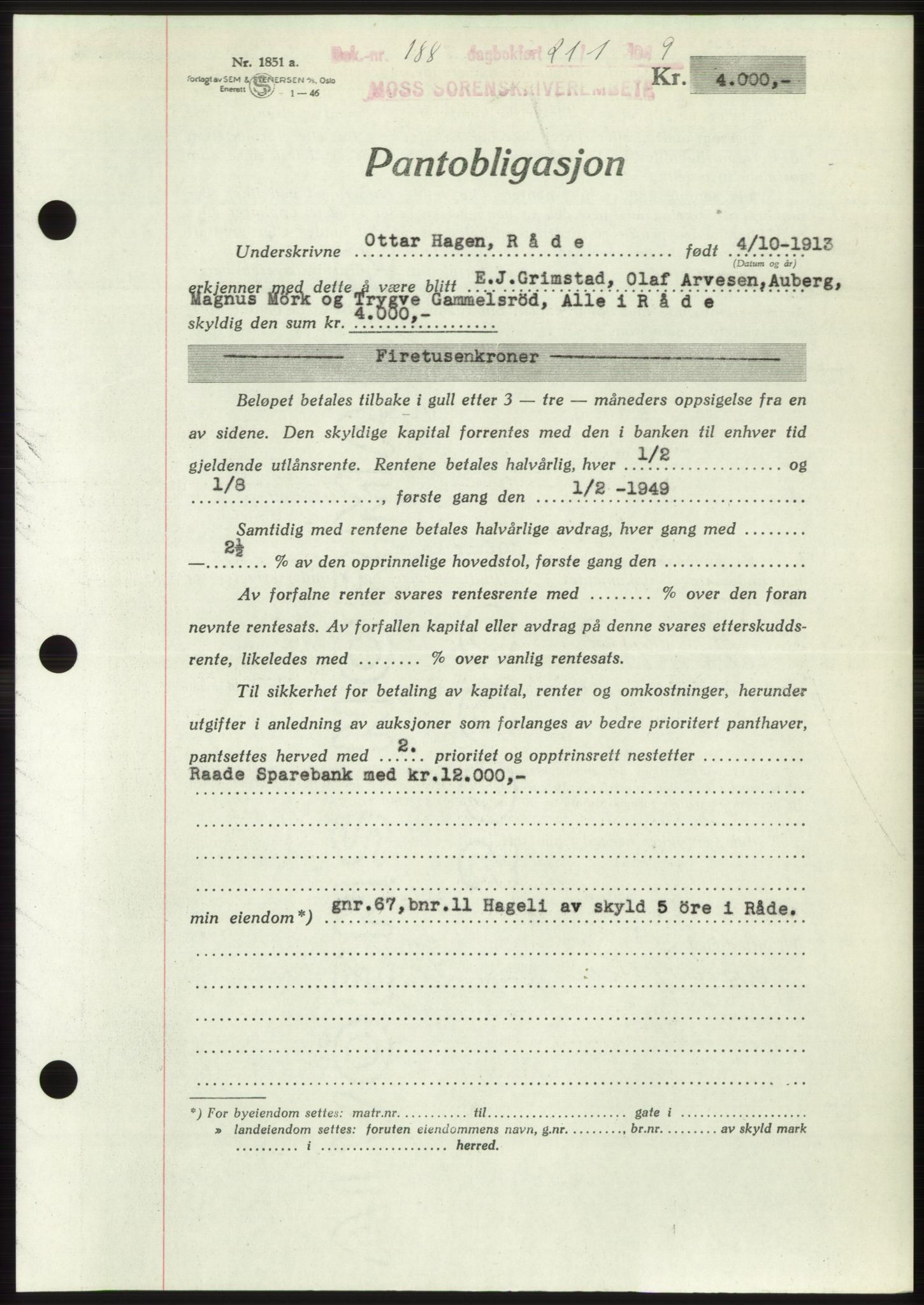 Moss sorenskriveri, SAO/A-10168: Pantebok nr. B21, 1949-1949, Dagboknr: 188/1949