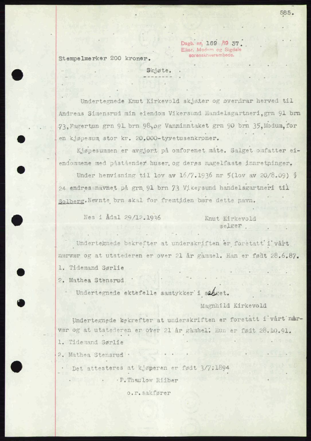 Eiker, Modum og Sigdal sorenskriveri, SAKO/A-123/G/Ga/Gab/L0034: Pantebok nr. A4, 1936-1937, Dagboknr: 169/1937