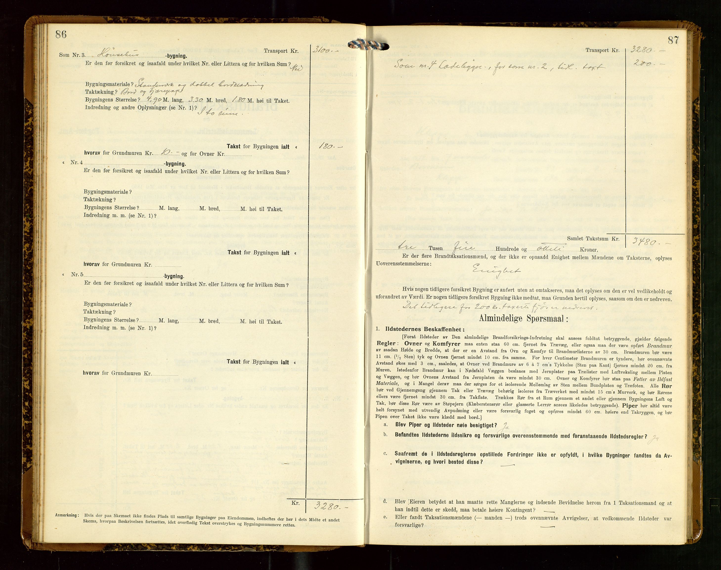 Klepp lensmannskontor, AV/SAST-A-100163/Goc/L0007: "Brandtaxationsprotokol" m/register, 1911-1915, s. 86-87