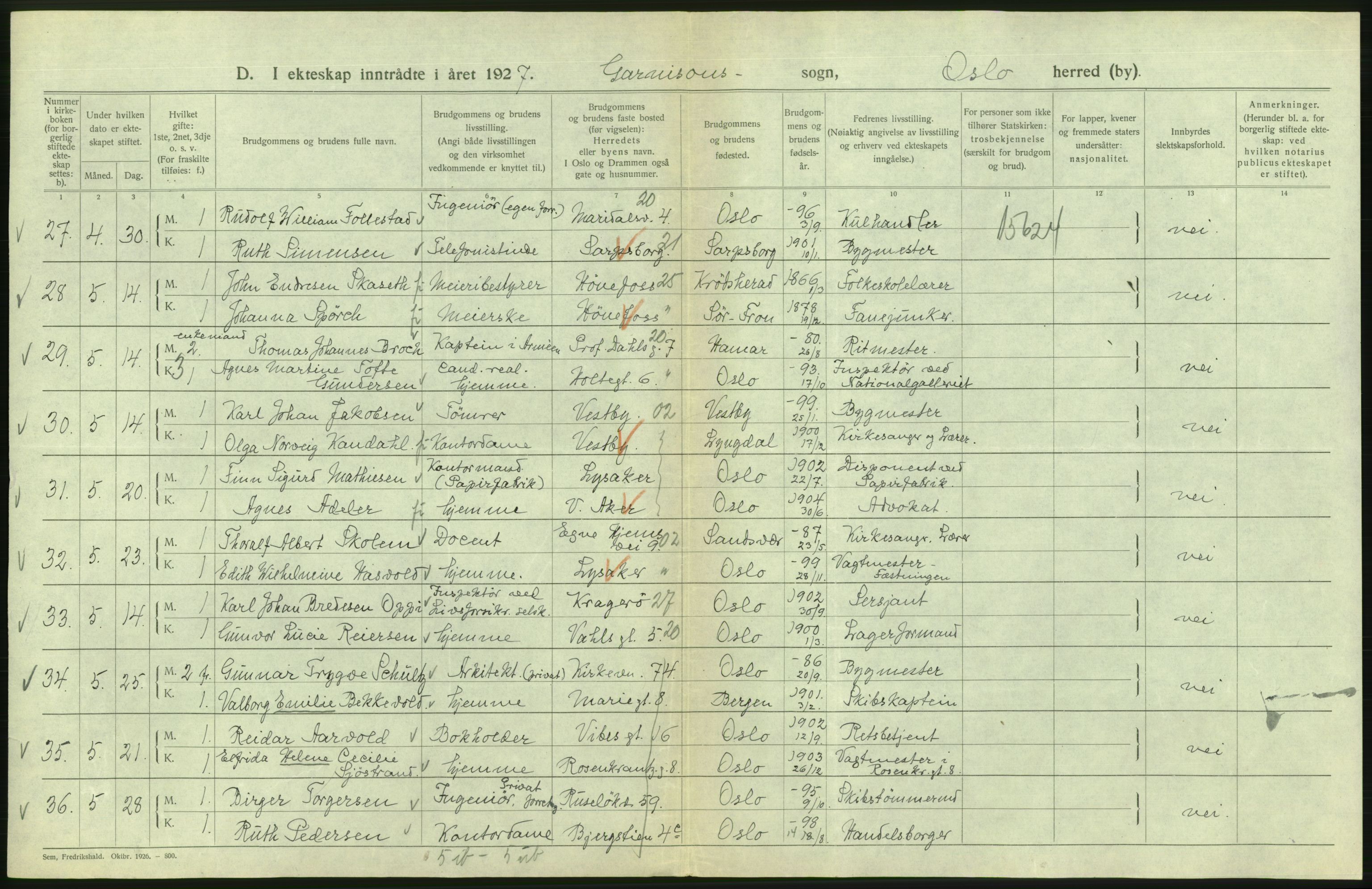 Statistisk sentralbyrå, Sosiodemografiske emner, Befolkning, AV/RA-S-2228/D/Df/Dfc/Dfcg/L0008: Oslo: Gifte, 1927, s. 656