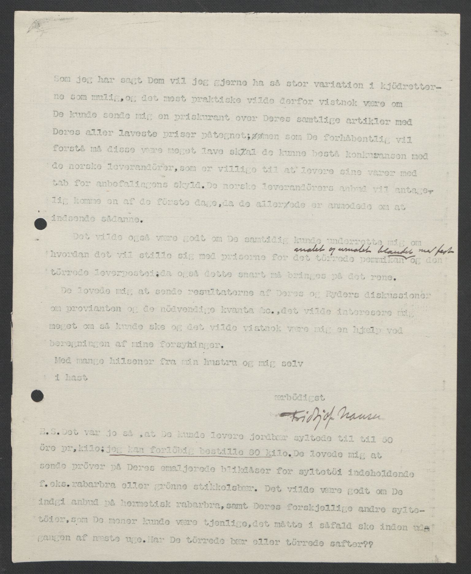 Arbeidskomitéen for Fridtjof Nansens polarekspedisjon, AV/RA-PA-0061/D/L0004: Innk. brev og telegrammer vedr. proviant og utrustning, 1892-1893, s. 37