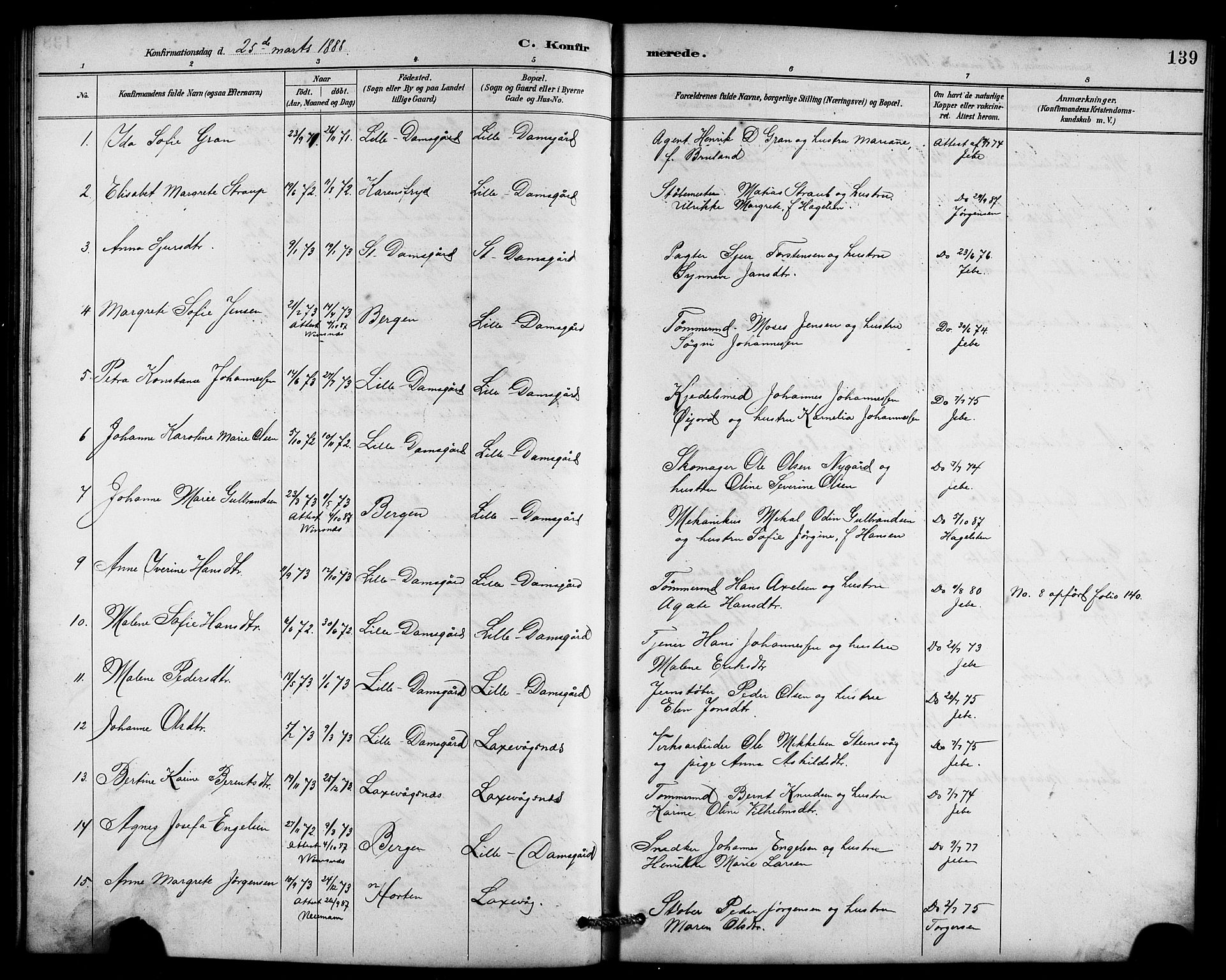 Laksevåg Sokneprestembete, AV/SAB-A-76501/H/Ha/Hab/Haba/L0003: Klokkerbok nr. A 3, 1887-1899, s. 139