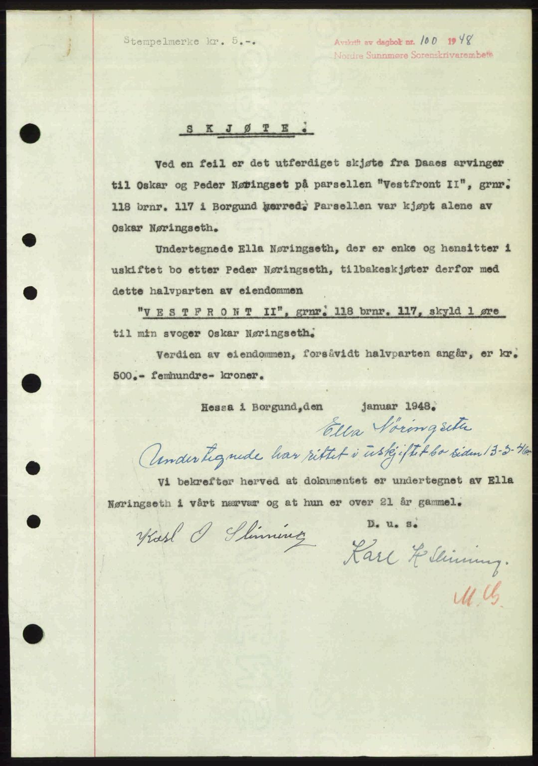 Nordre Sunnmøre sorenskriveri, AV/SAT-A-0006/1/2/2C/2Ca: Pantebok nr. A26, 1947-1948, Dagboknr: 100/1948