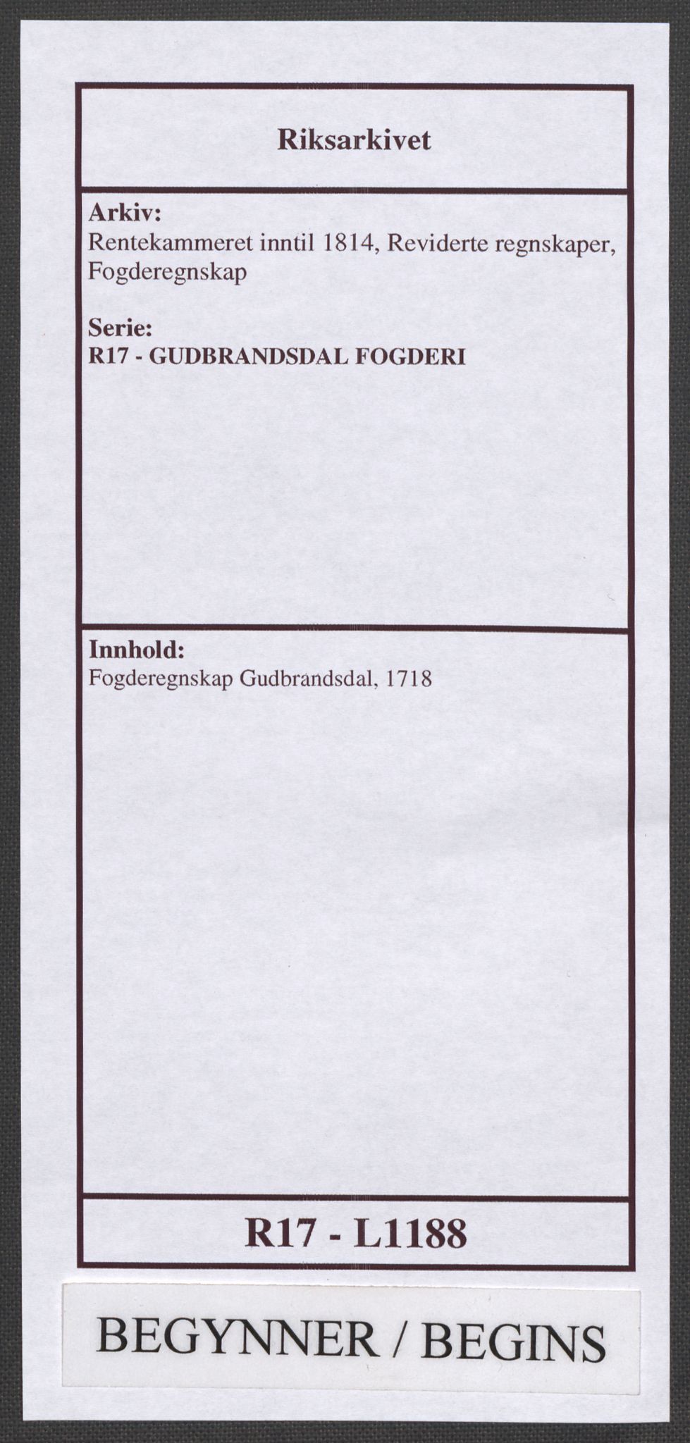 Rentekammeret inntil 1814, Reviderte regnskaper, Fogderegnskap, RA/EA-4092/R17/L1188: Fogderegnskap Gudbrandsdal, 1718, s. 1