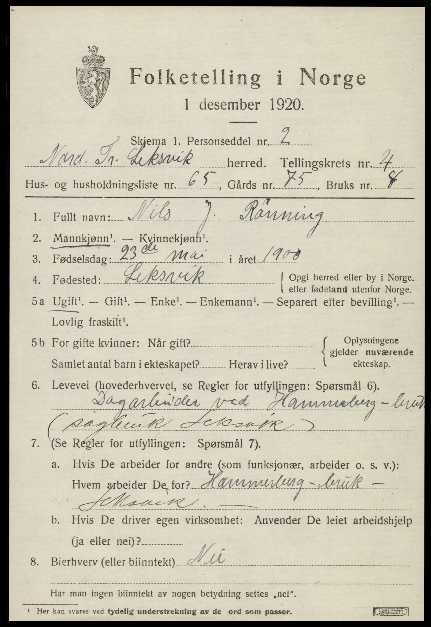 SAT, Folketelling 1920 for 1718 Leksvik herred, 1920, s. 4332