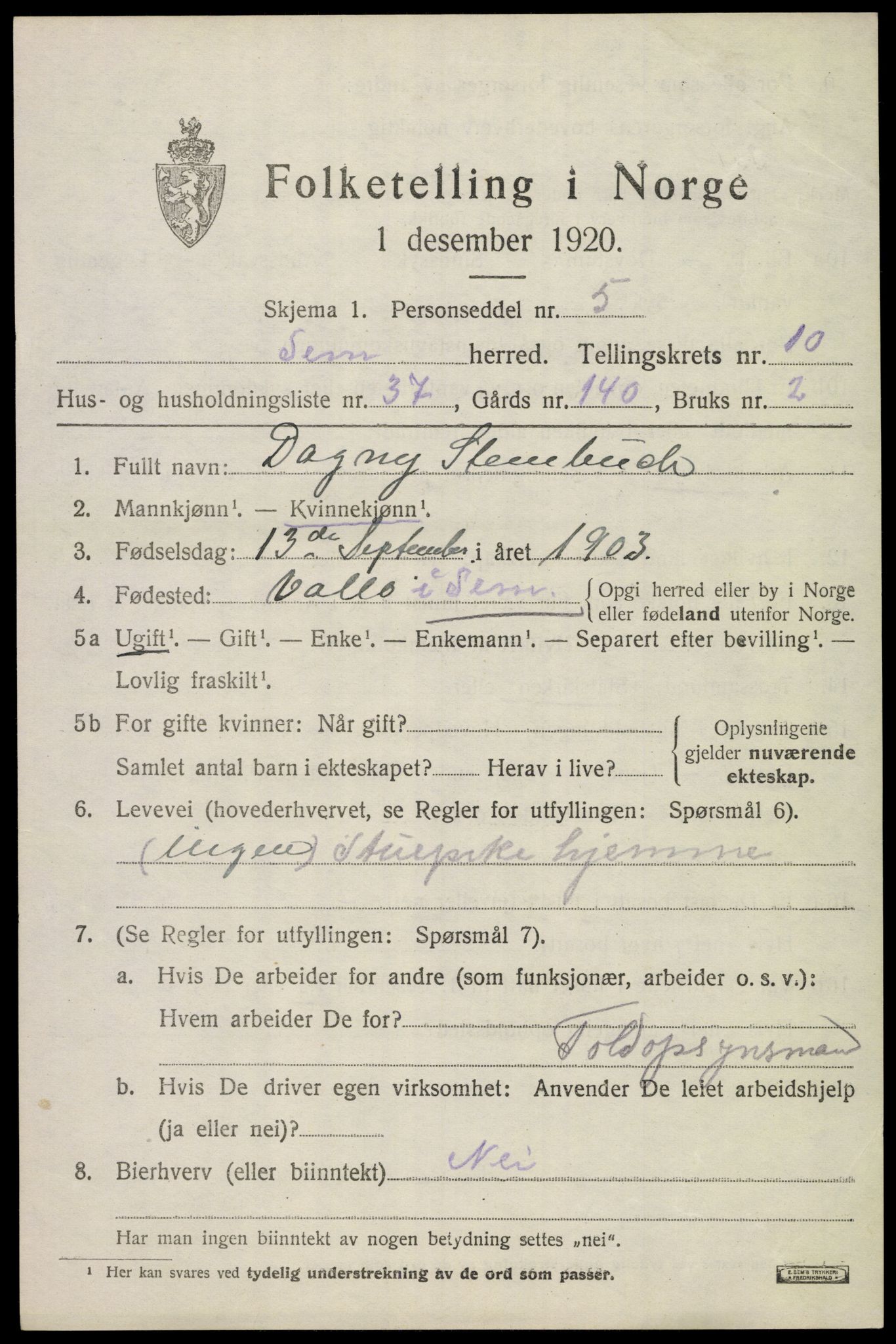 SAKO, Folketelling 1920 for 0721 Sem herred, 1920, s. 13967