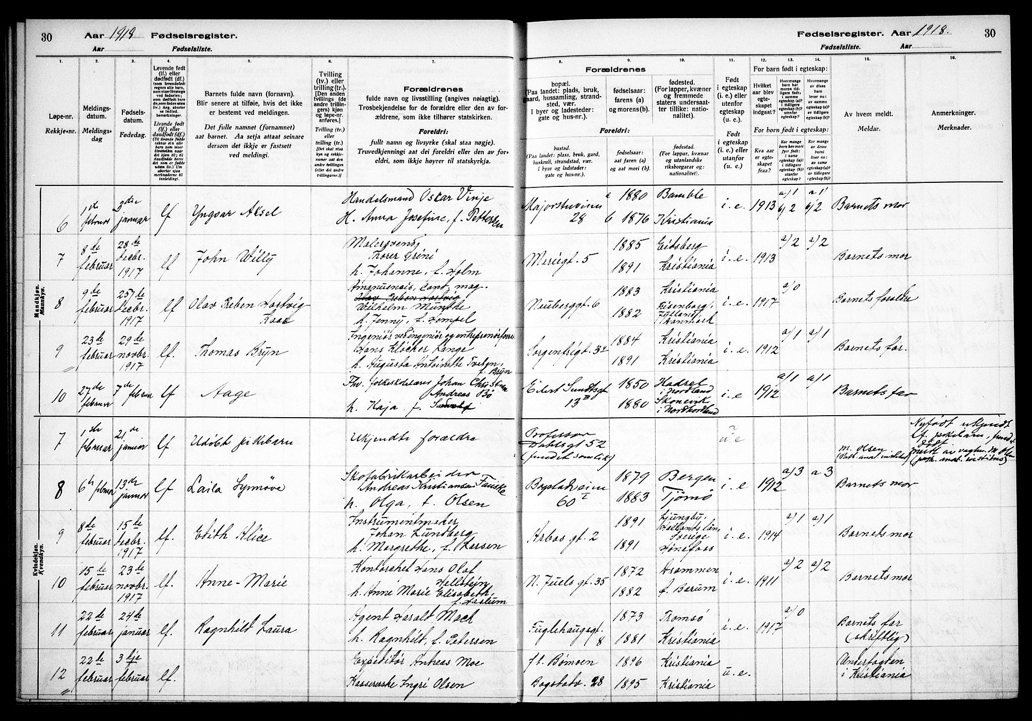 Uranienborg prestekontor Kirkebøker, AV/SAO-A-10877/J/Ja/L0001: Fødselsregister nr. 1, 1916-1930, s. 30