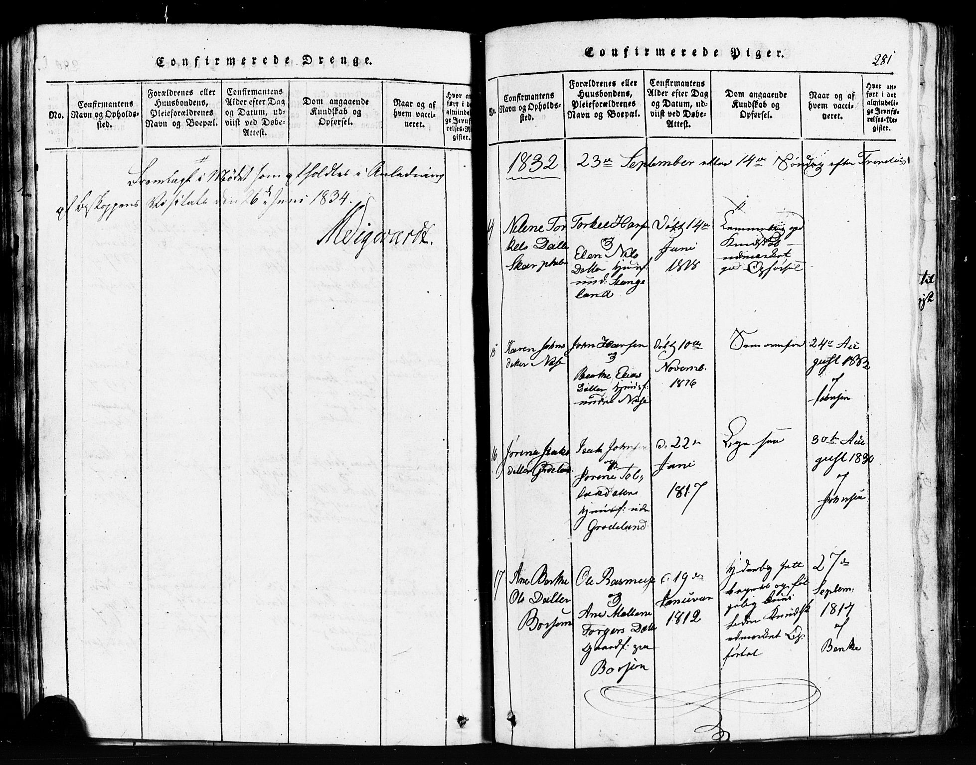 Klepp sokneprestkontor, AV/SAST-A-101803/001/3/30BB/L0001: Klokkerbok nr.  B 1, 1816-1859, s. 281