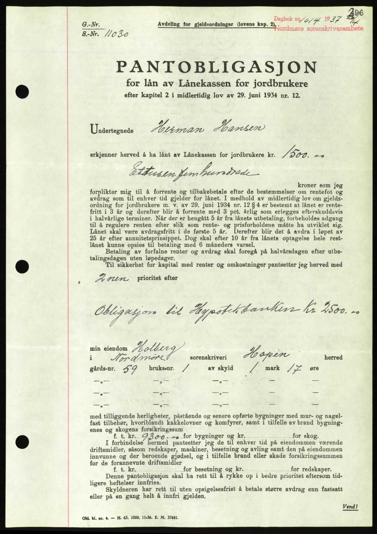 Nordmøre sorenskriveri, AV/SAT-A-4132/1/2/2Ca/L0091: Pantebok nr. B81, 1937-1937, Dagboknr: 1014/1937