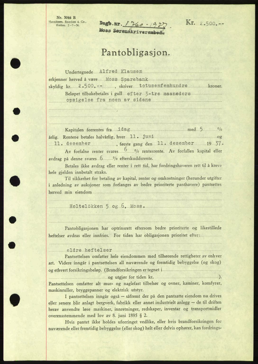 Moss sorenskriveri, SAO/A-10168: Pantebok nr. B4, 1937-1938, Dagboknr: 1760/1937