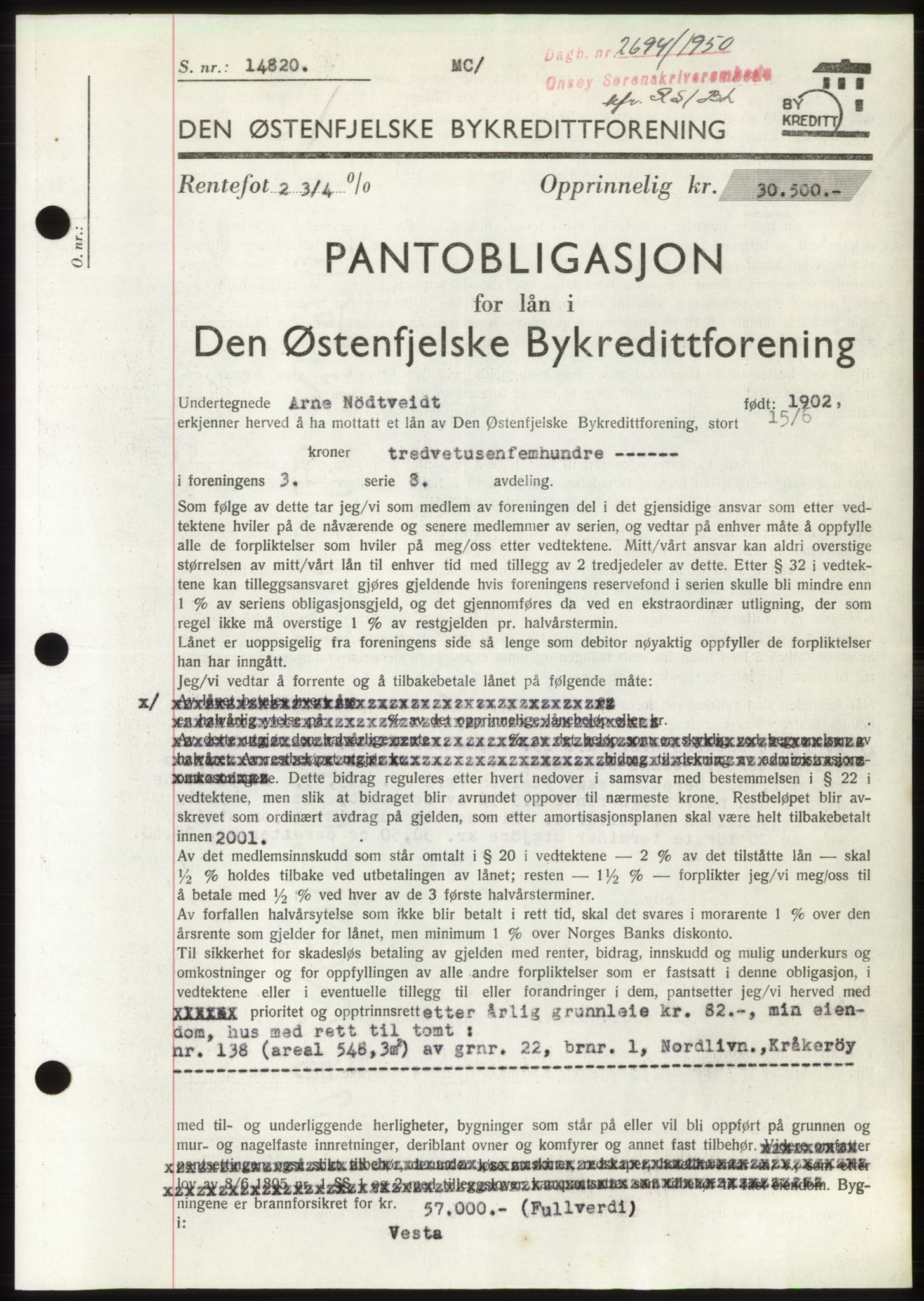 Onsøy sorenskriveri, SAO/A-10474/G/Ga/Gac/L0010: Pantebok nr. B 18-10, 1950-1950, Dagboknr: 2694/1950