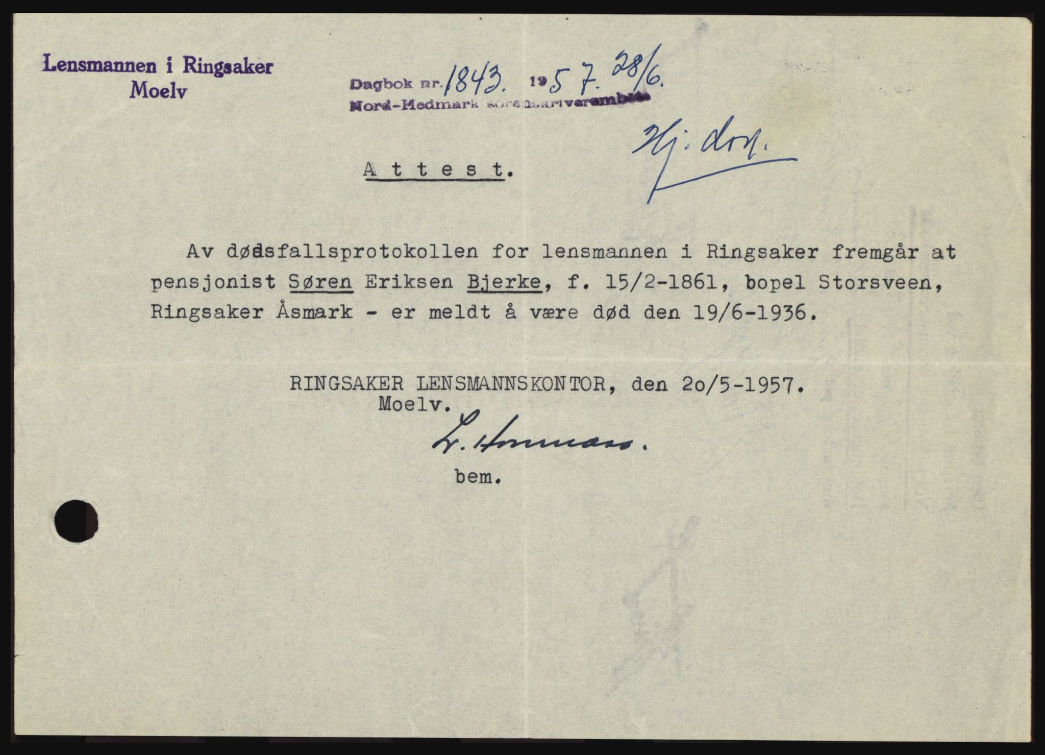 Nord-Hedmark sorenskriveri, SAH/TING-012/H/Hc/L0011: Pantebok nr. 11, 1956-1957, Dagboknr: 1843/1957