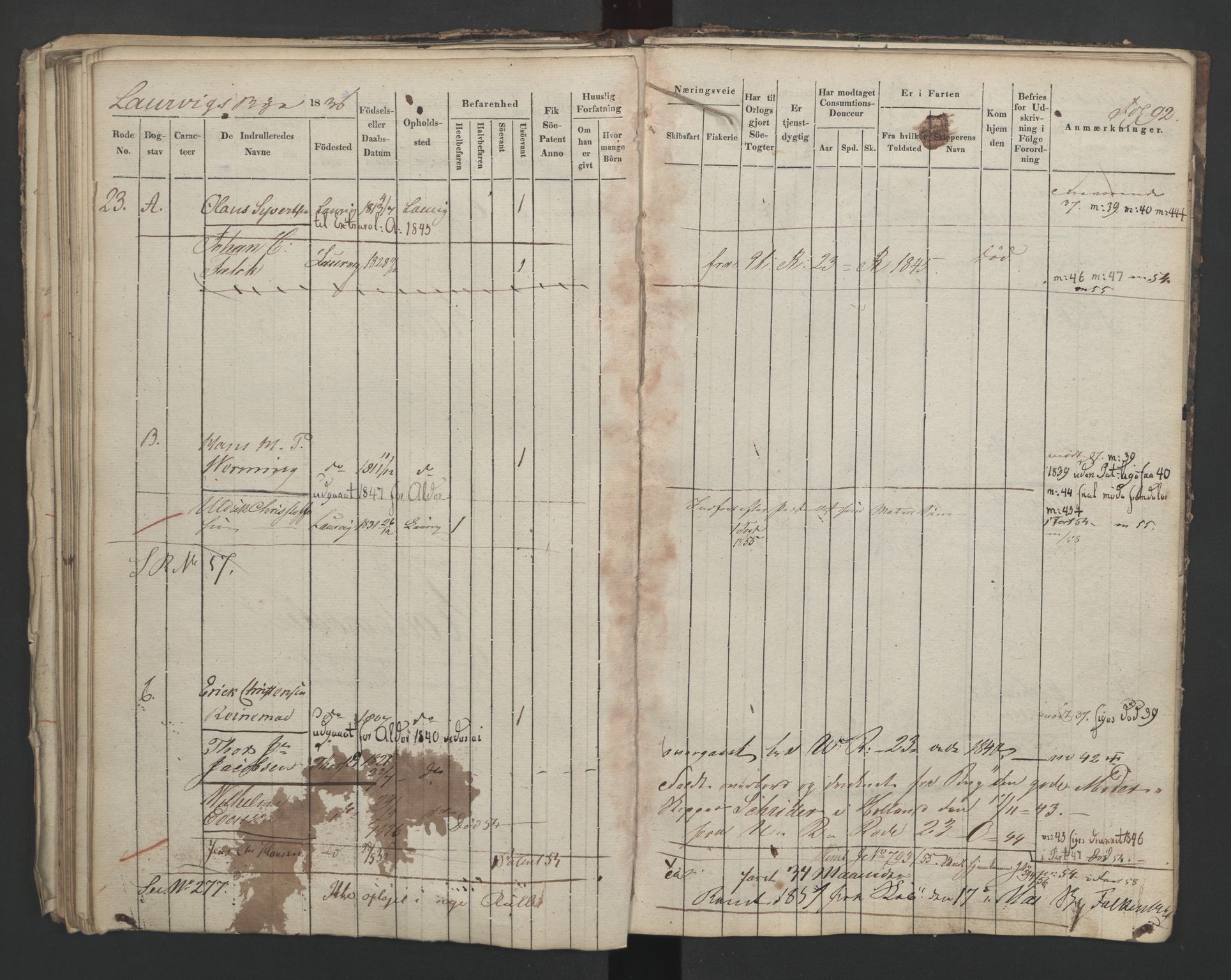 Larvik innrulleringskontor, AV/SAKO-A-787/F/Fa/L0001: Hovedrulle, 1836-1860, s. 92