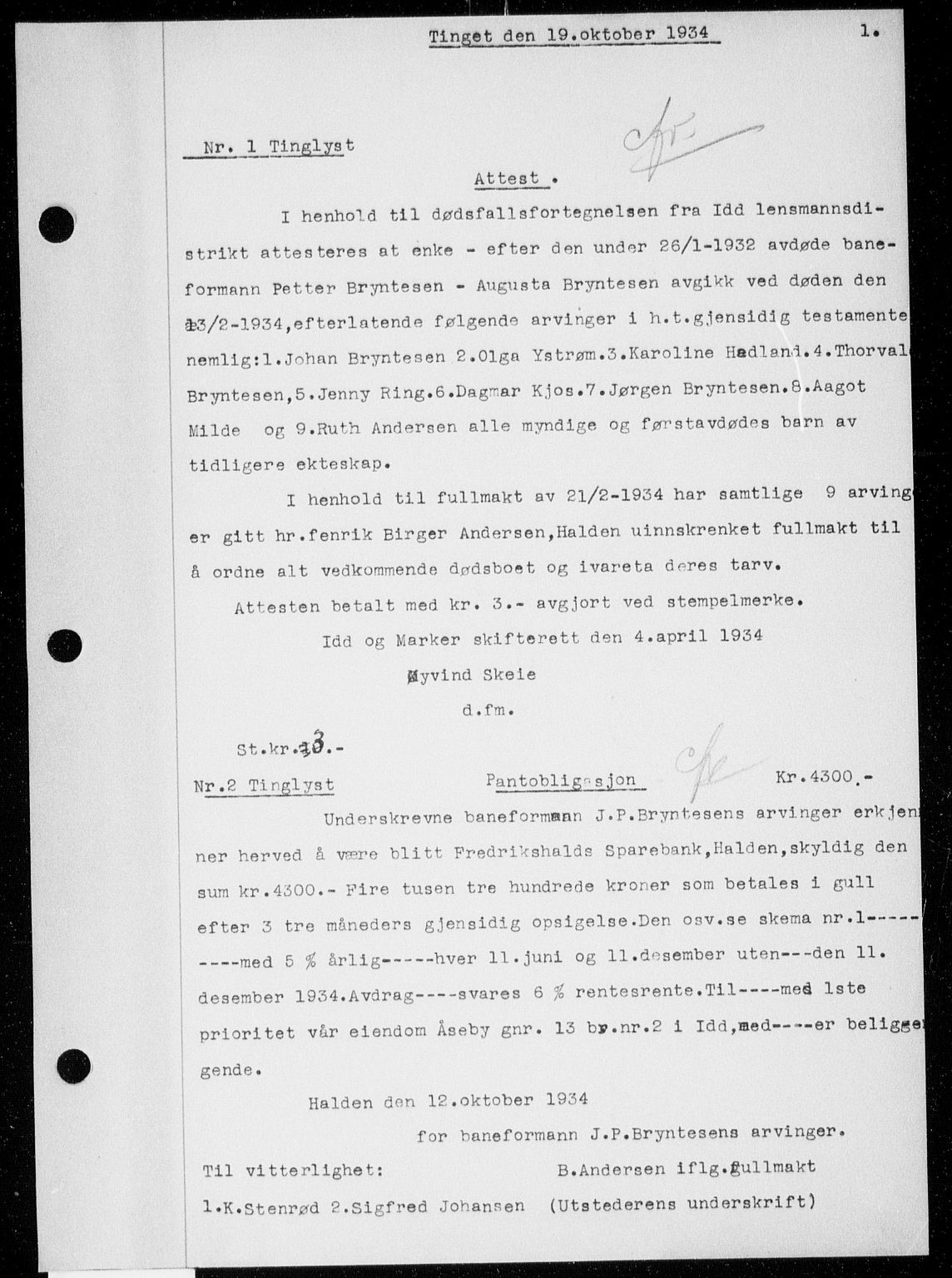 Idd og Marker sorenskriveri, SAO/A-10283/G/Gb/Gba/L0050: Pantebok nr. 50, 1934-1935, s. 1