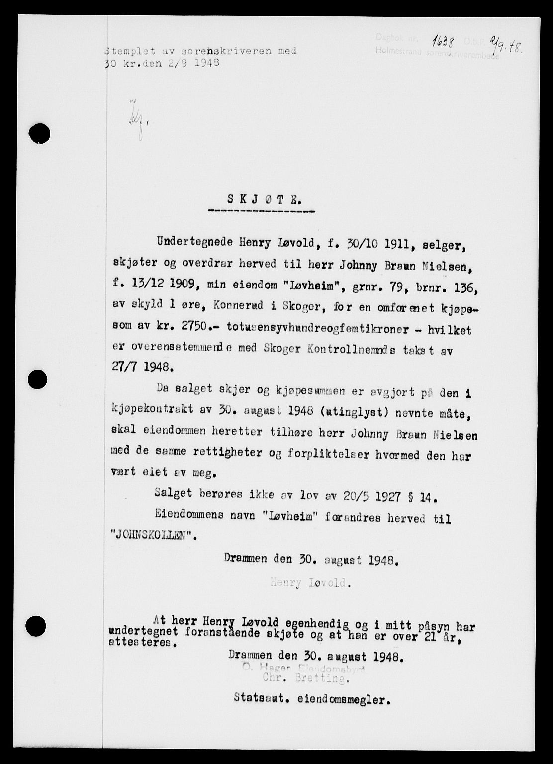 Holmestrand sorenskriveri, SAKO/A-67/G/Ga/Gaa/L0064: Pantebok nr. A-64, 1948-1948, Dagboknr: 1638/1948