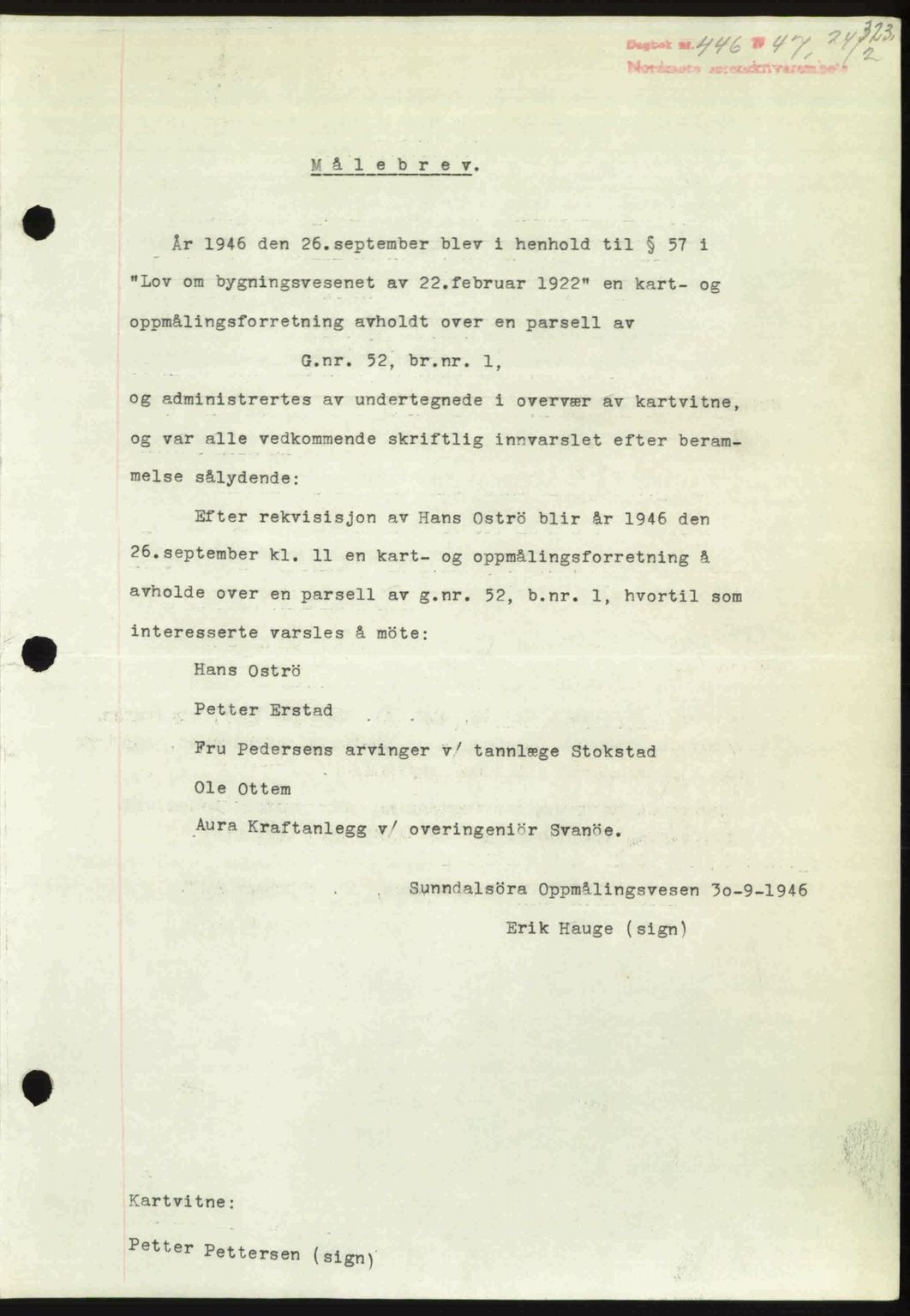 Nordmøre sorenskriveri, SAT/A-4132/1/2/2Ca: Pantebok nr. A104, 1947-1947, Dagboknr: 446/1947