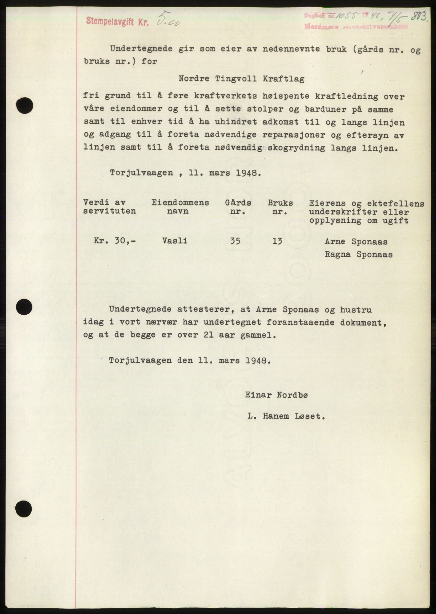 Nordmøre sorenskriveri, SAT/A-4132/1/2/2Ca: Pantebok nr. B98, 1948-1948, Dagboknr: 1055/1948