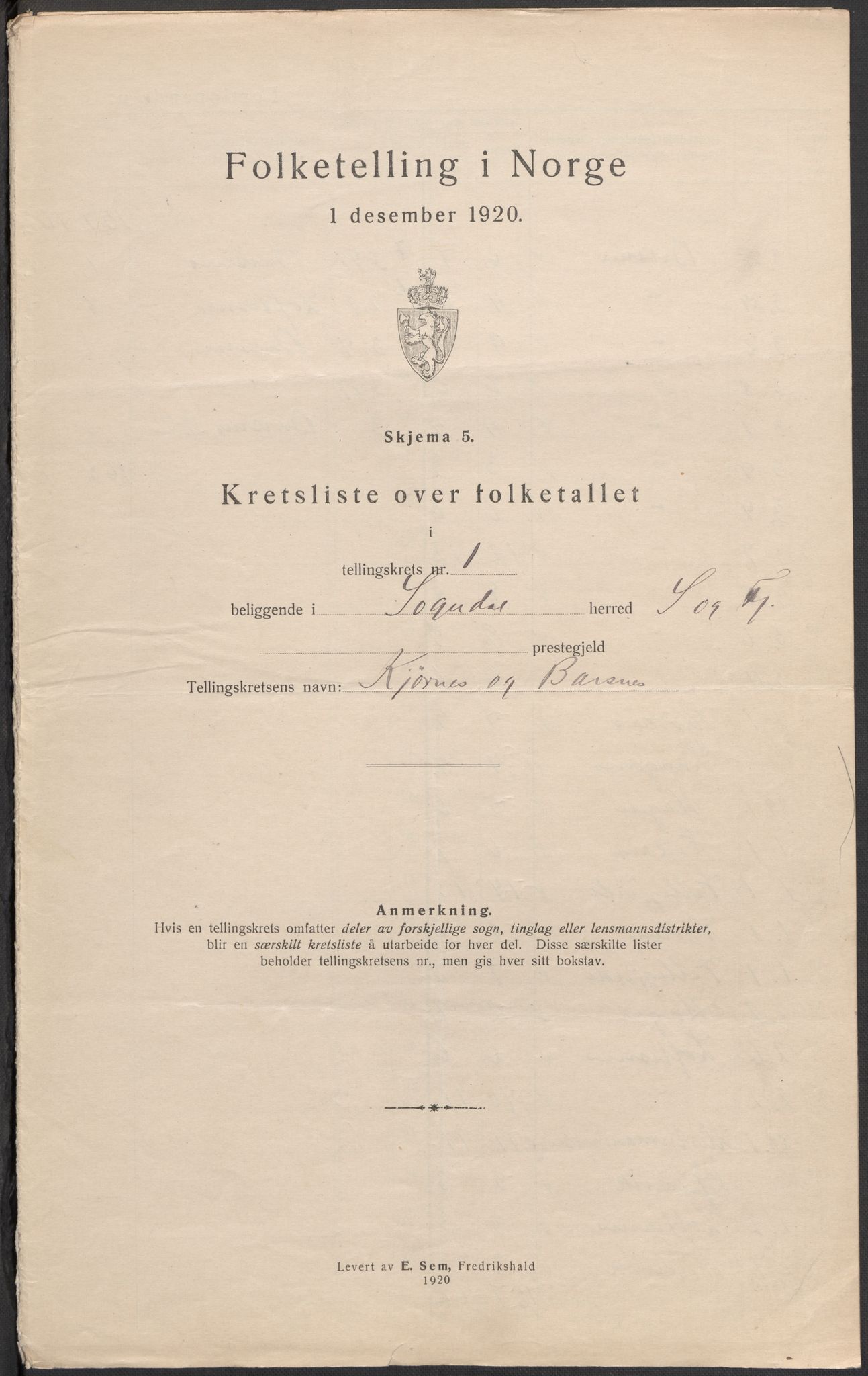 SAB, Folketelling 1920 for 1420 Sogndal herred, 1920, s. 5