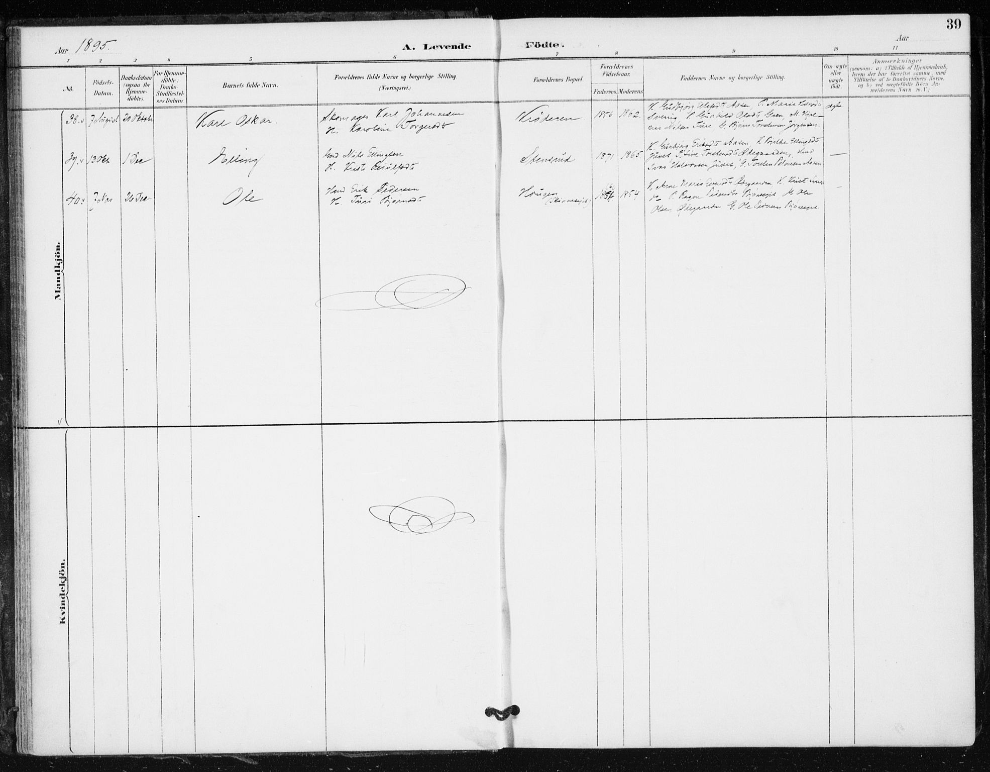 Krødsherad kirkebøker, AV/SAKO-A-19/F/Fa/L0006: Ministerialbok nr. 6, 1889-1899, s. 39