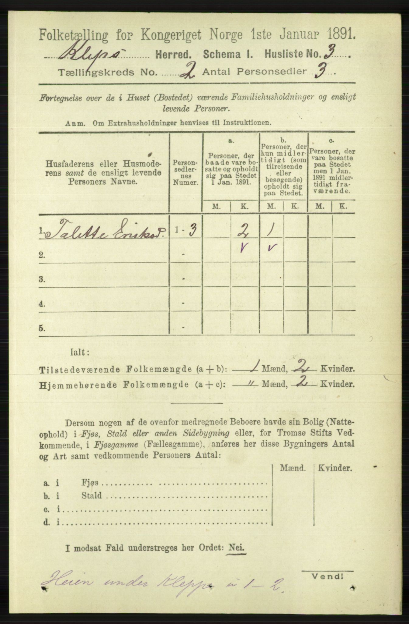 RA, Folketelling 1891 for 1120 Klepp herred, 1891, s. 311