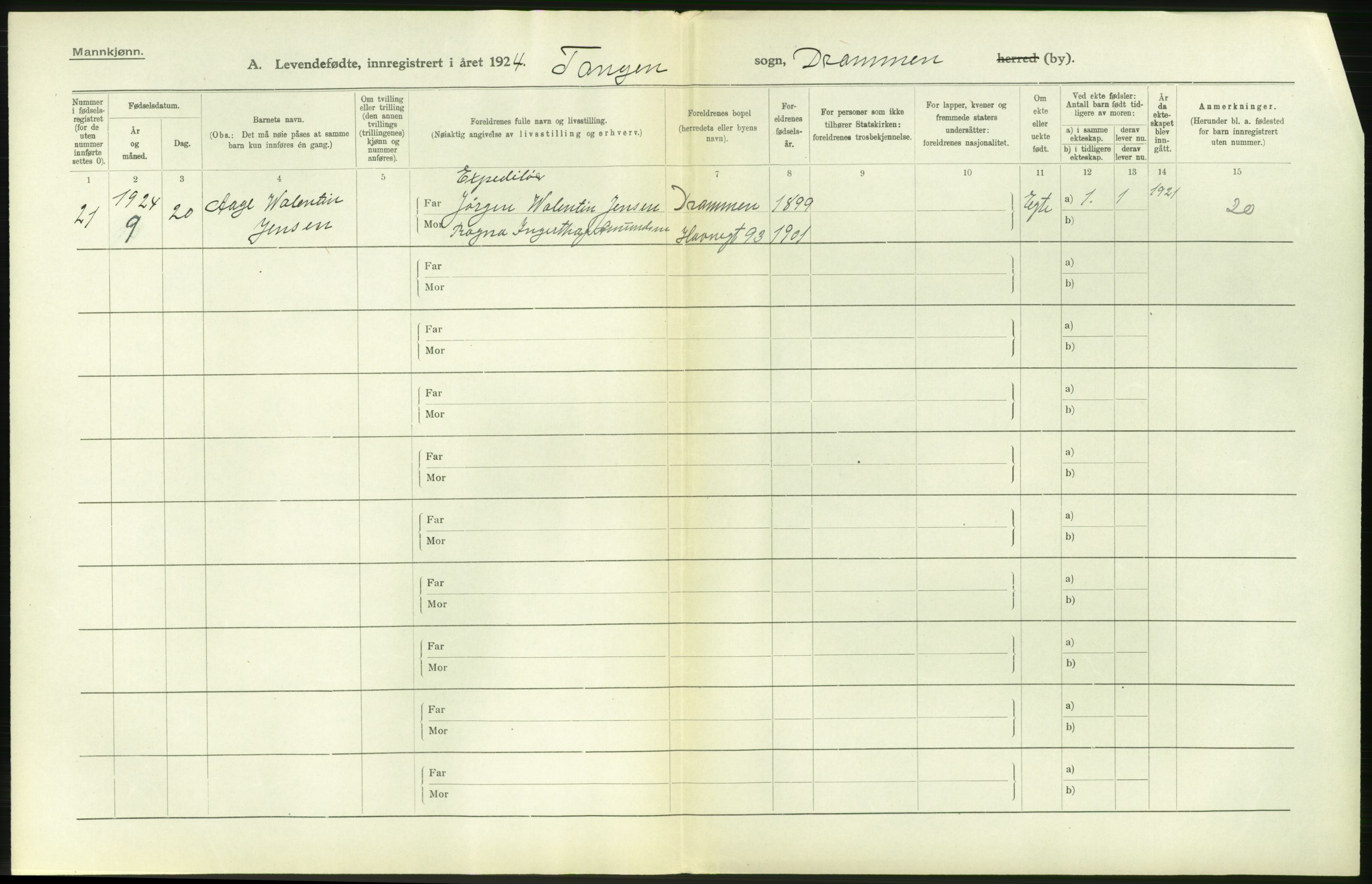 Statistisk sentralbyrå, Sosiodemografiske emner, Befolkning, AV/RA-S-2228/D/Df/Dfc/Dfcd/L0014: Buskerud fylke: Levendefødte menn og kvinner. Bygder og byer., 1924, s. 40
