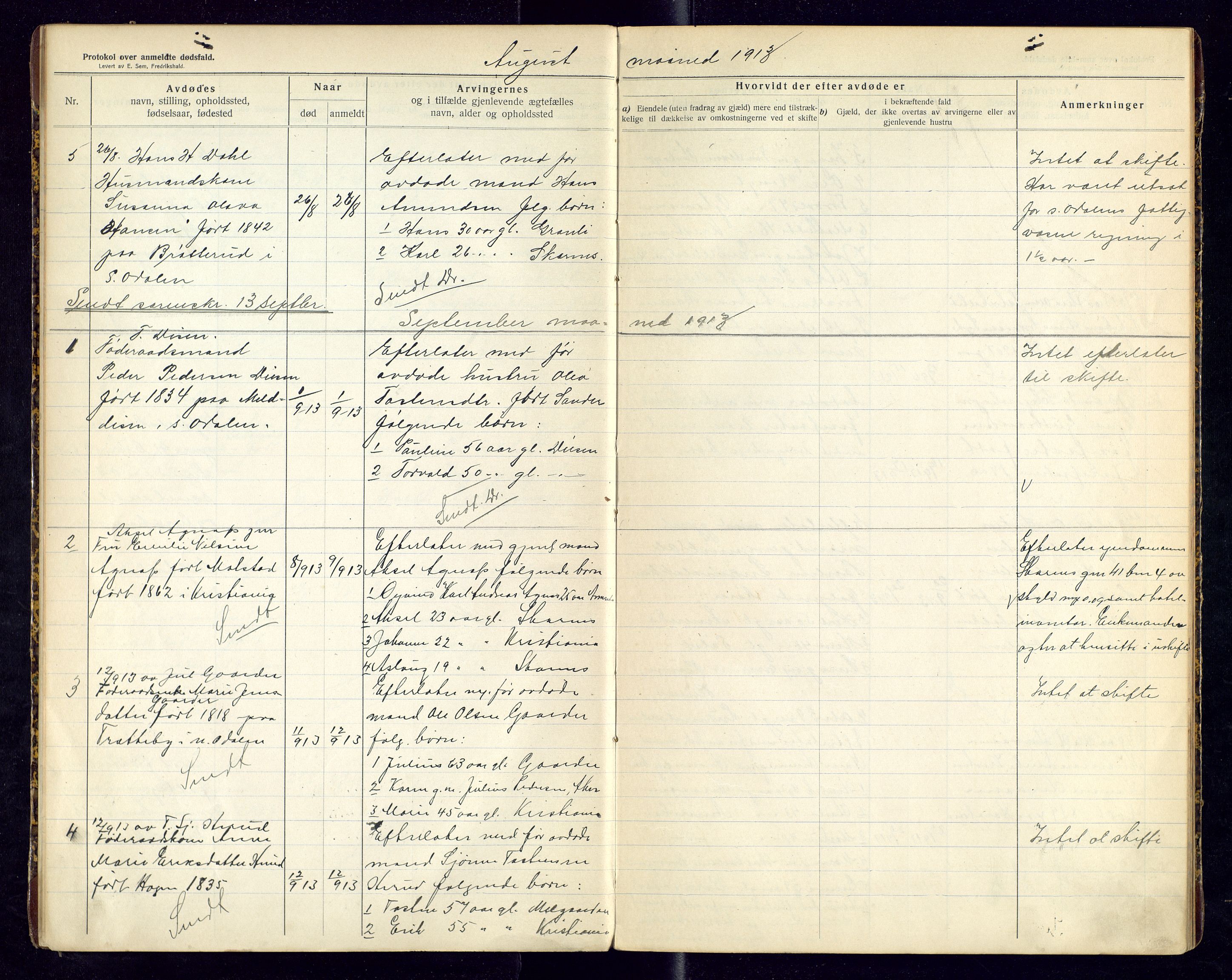 Sør-Odal lensmannskontor, AV/SAH-LHS-022/H/Hb/L0002/0001: Protokoller over anmeldte dødsfall / Protokoll over anmeldte dødsfall, 1913-1915