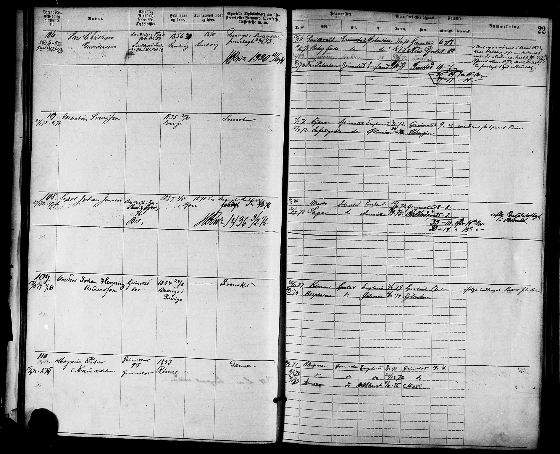 Grimstad mønstringskrets, AV/SAK-2031-0013/F/Fa/L0001: Annotasjonsrulle nr 1-1920 med register, F-1, 1870-1892, s. 43