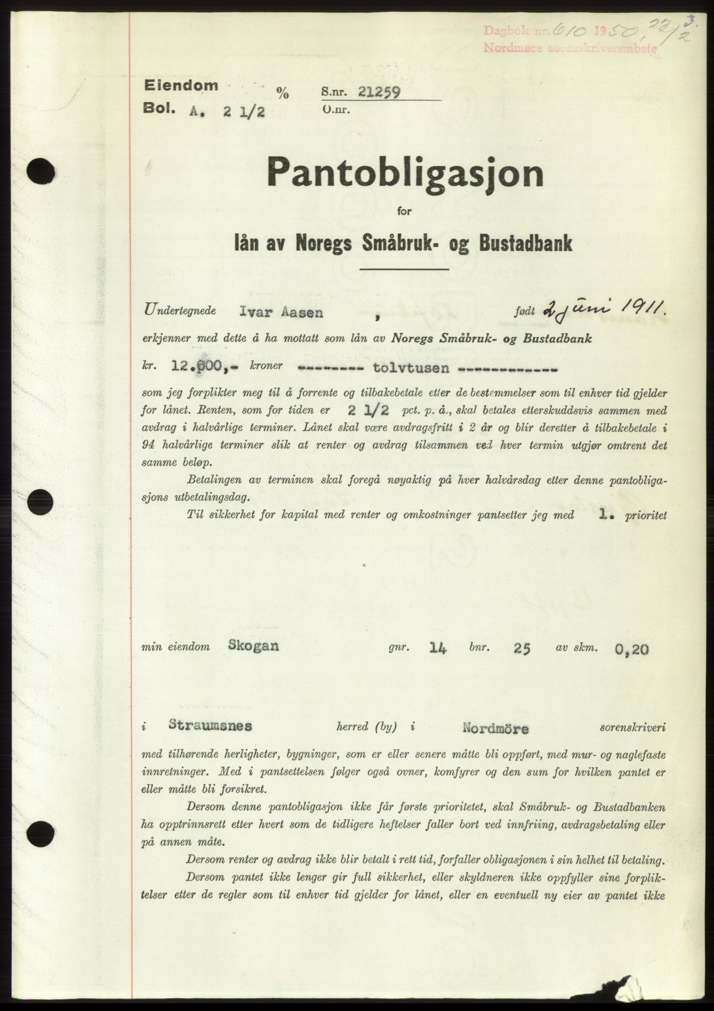 Nordmøre sorenskriveri, SAT/A-4132/1/2/2Ca: Pantebok nr. B104, 1950-1950, Dagboknr: 610/1950