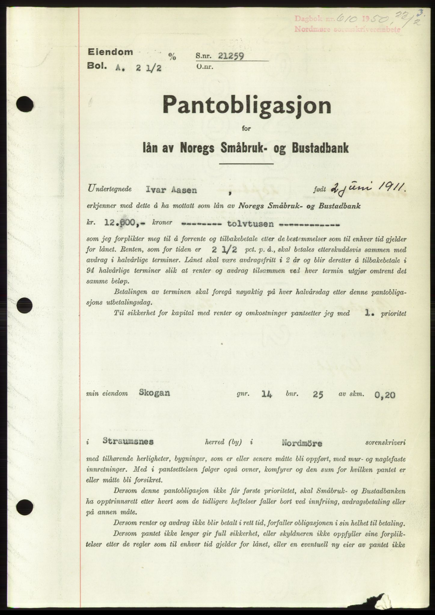 Nordmøre sorenskriveri, AV/SAT-A-4132/1/2/2Ca: Pantebok nr. B104, 1950-1950, Dagboknr: 610/1950