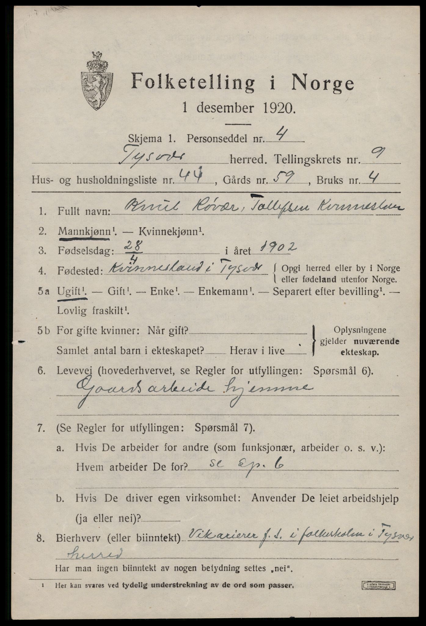 SAST, Folketelling 1920 for 1146 Tysvær herred, 1920, s. 4034