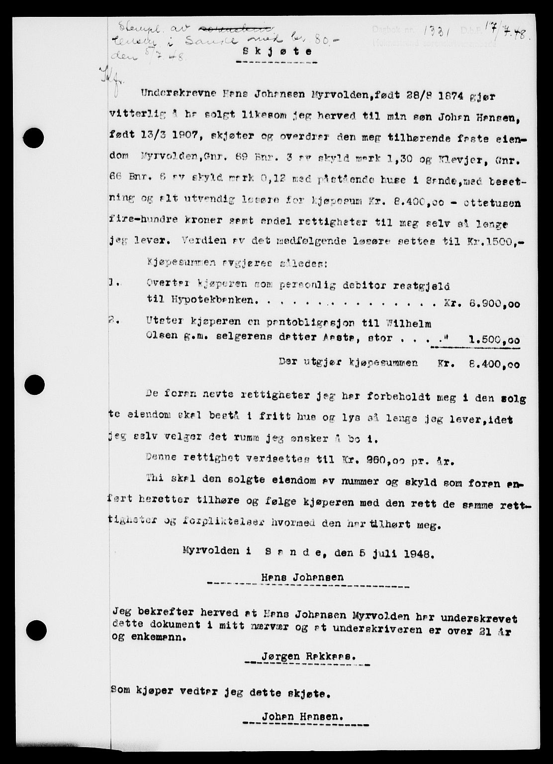 Holmestrand sorenskriveri, SAKO/A-67/G/Ga/Gaa/L0064: Pantebok nr. A-64, 1948-1948, Dagboknr: 1331/1948