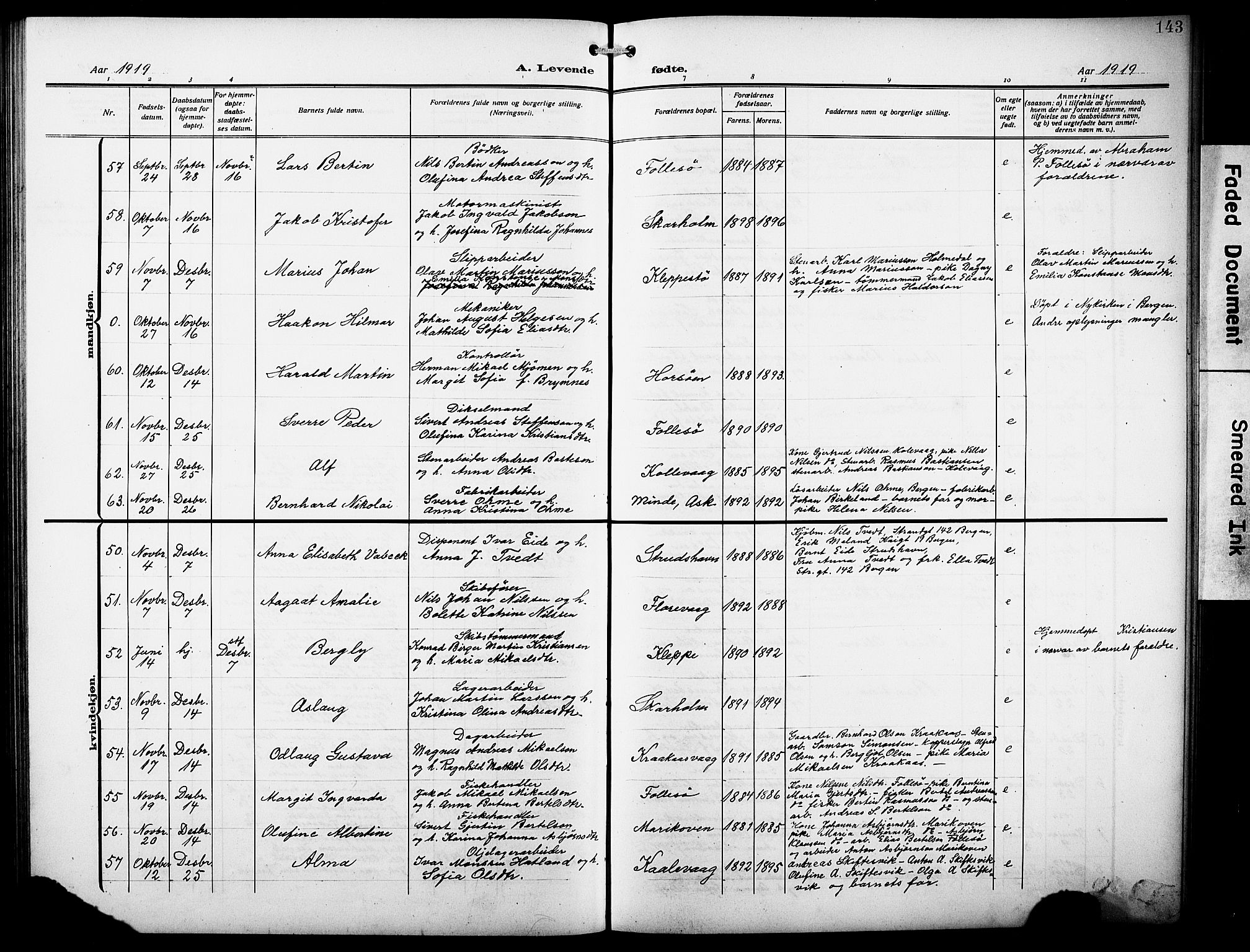 Askøy Sokneprestembete, AV/SAB-A-74101/H/Ha/Hab/Haba/L0011: Klokkerbok nr. A 11, 1908-1931, s. 143