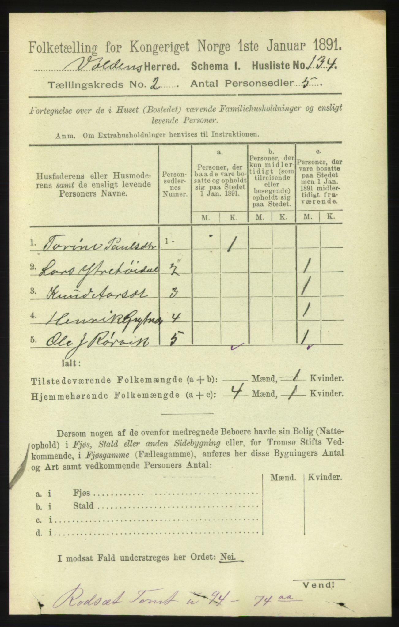 RA, Folketelling 1891 for 1519 Volda herred, 1891, s. 734