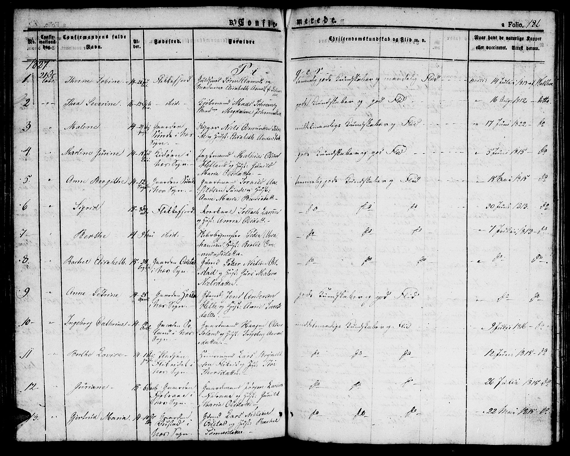 Flekkefjord sokneprestkontor, SAK/1111-0012/F/Fb/Fbc/L0004: Klokkerbok nr. B 4, 1827-1846, s. 186