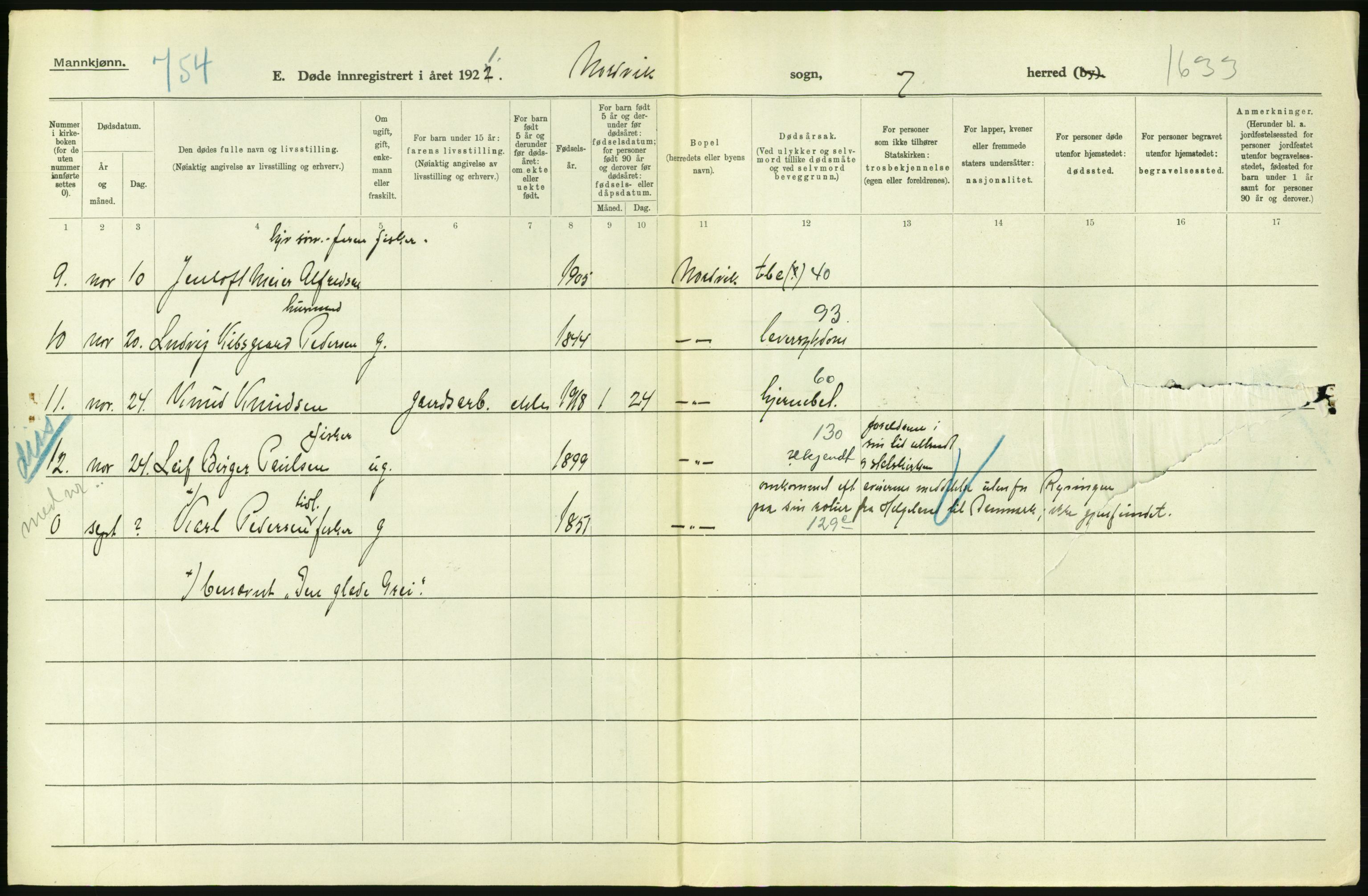 Statistisk sentralbyrå, Sosiodemografiske emner, Befolkning, AV/RA-S-2228/D/Df/Dfc/Dfca/L0051: Nordland fylke: Døde. Bygder og byer., 1921