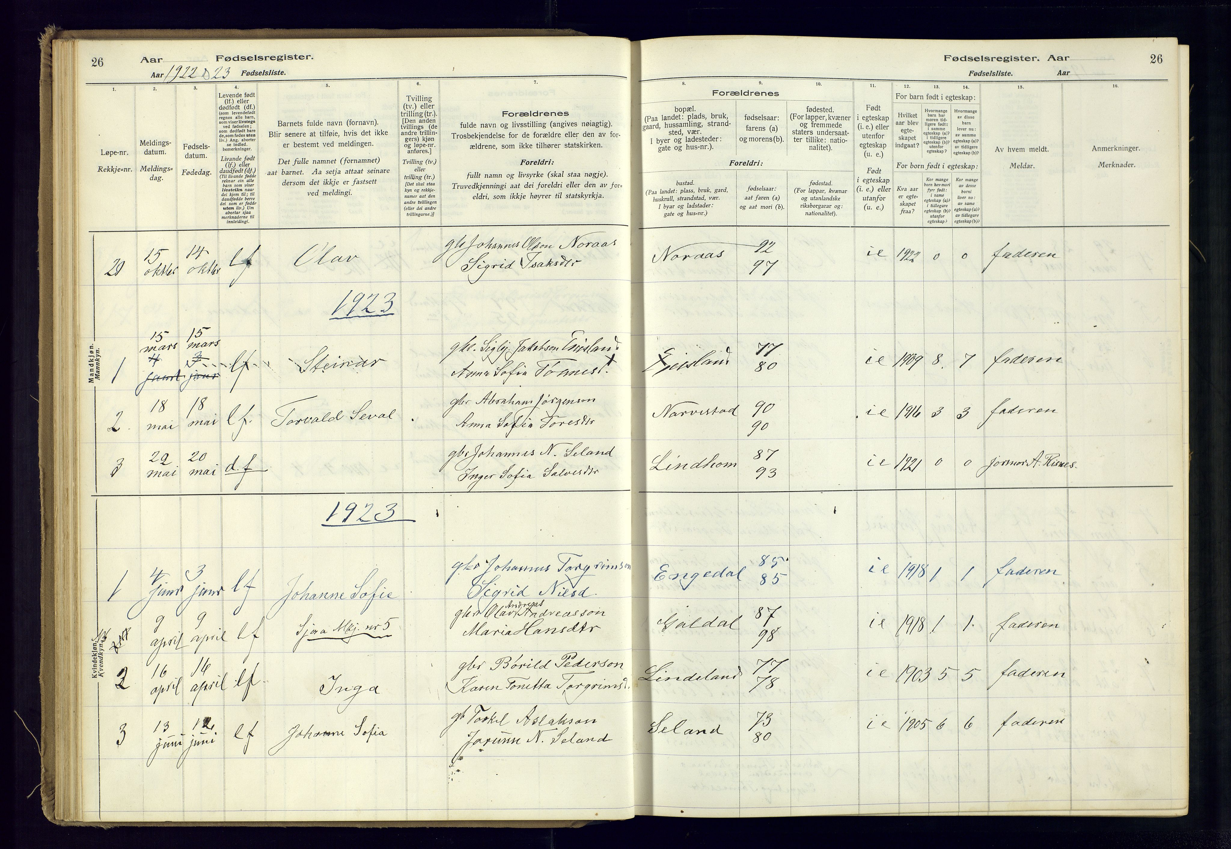 Fjotland sokneprestkontor, AV/SAK-1111-0010/J/Ja/L0001: Fødselsregister nr. 1, 1916-1981, s. 26