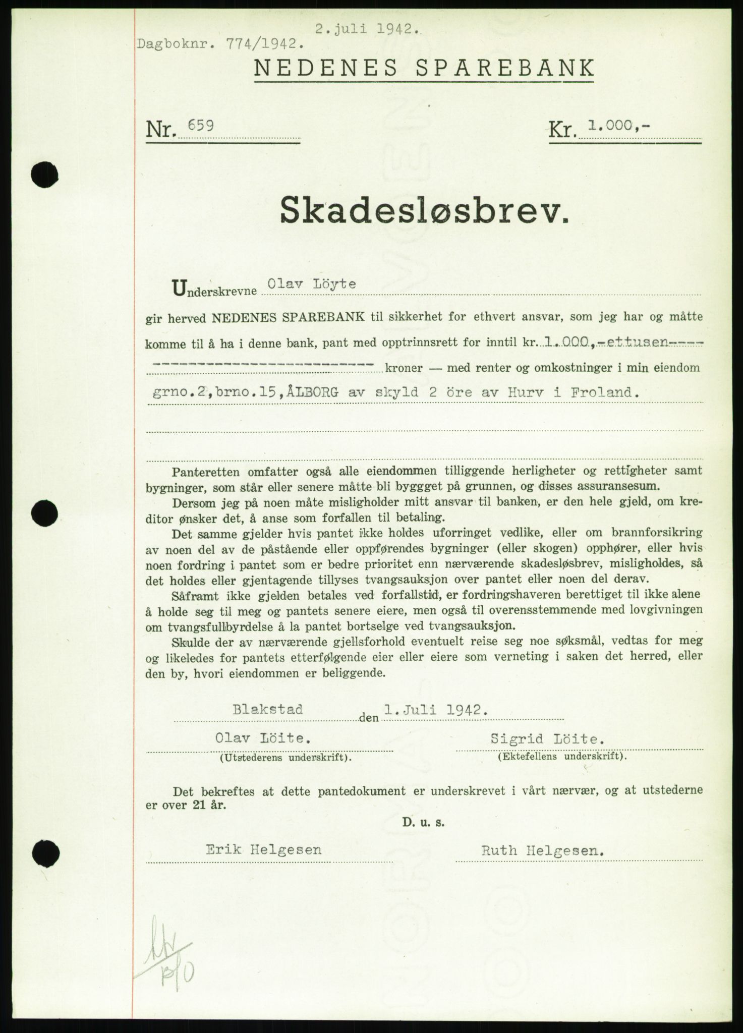 Nedenes sorenskriveri, SAK/1221-0006/G/Gb/Gbb/L0002: Pantebok nr. II, 1942-1945, Dagboknr: 774/1942