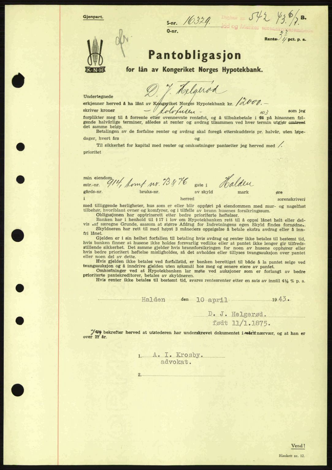 Idd og Marker sorenskriveri, AV/SAO-A-10283/G/Gb/Gbc/L0002: Pantebok nr. B4-9a, 1939-1945, Dagboknr: 542/1943