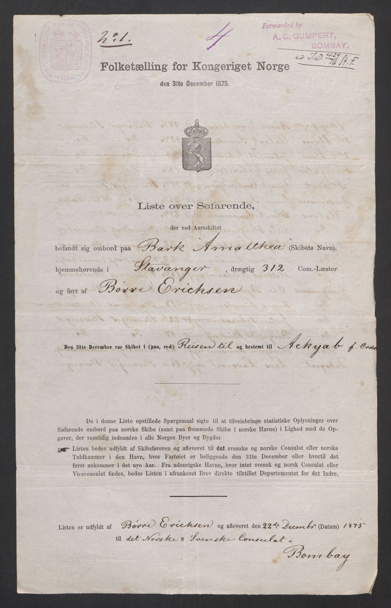 RA, Folketelling 1875, skipslister: Skip i utenrikske havner, hjemmehørende i 1) byer og ladesteder, Grimstad - Tromsø, 2) landdistrikter, 1875, s. 424