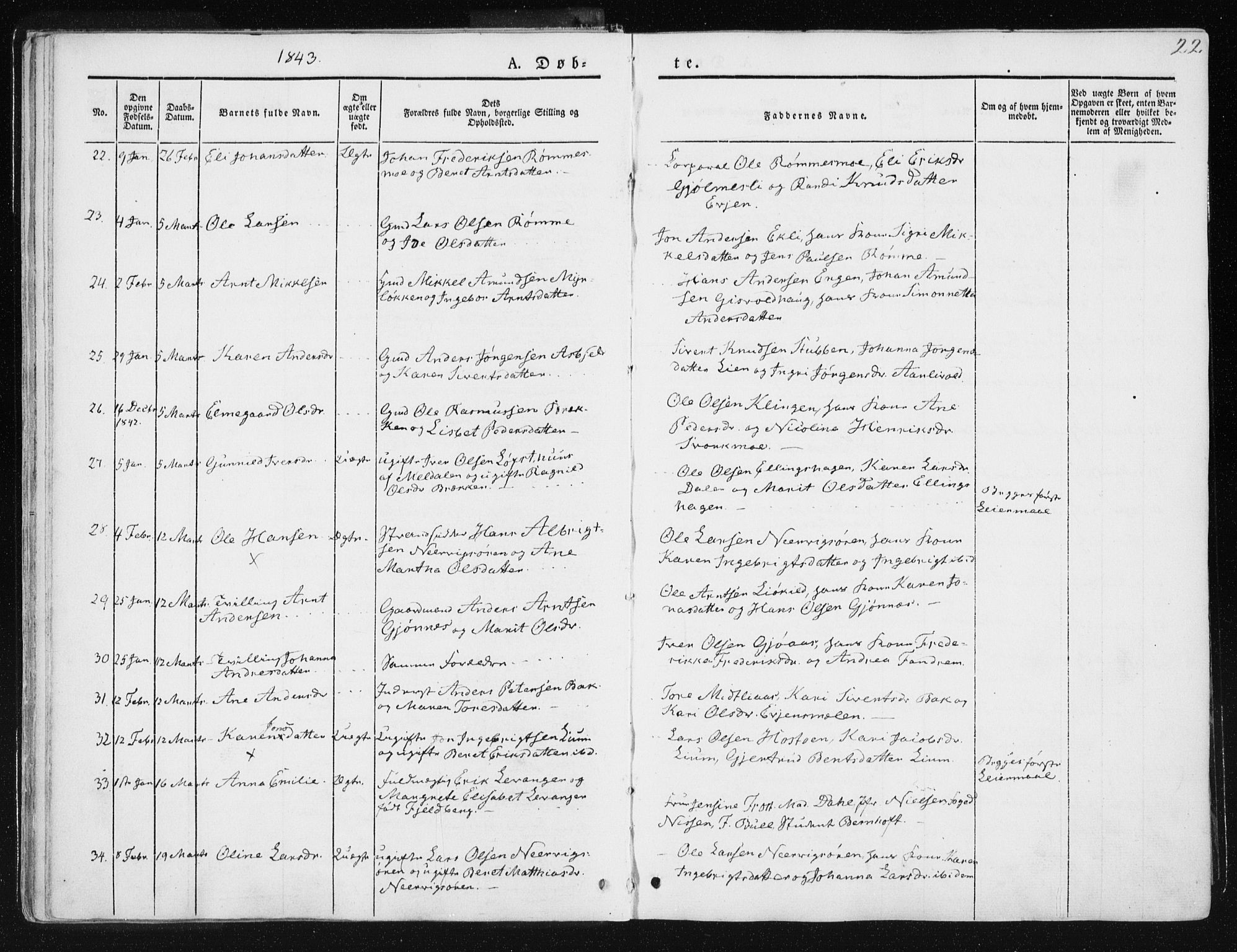 Ministerialprotokoller, klokkerbøker og fødselsregistre - Sør-Trøndelag, SAT/A-1456/668/L0805: Ministerialbok nr. 668A05, 1840-1853, s. 22