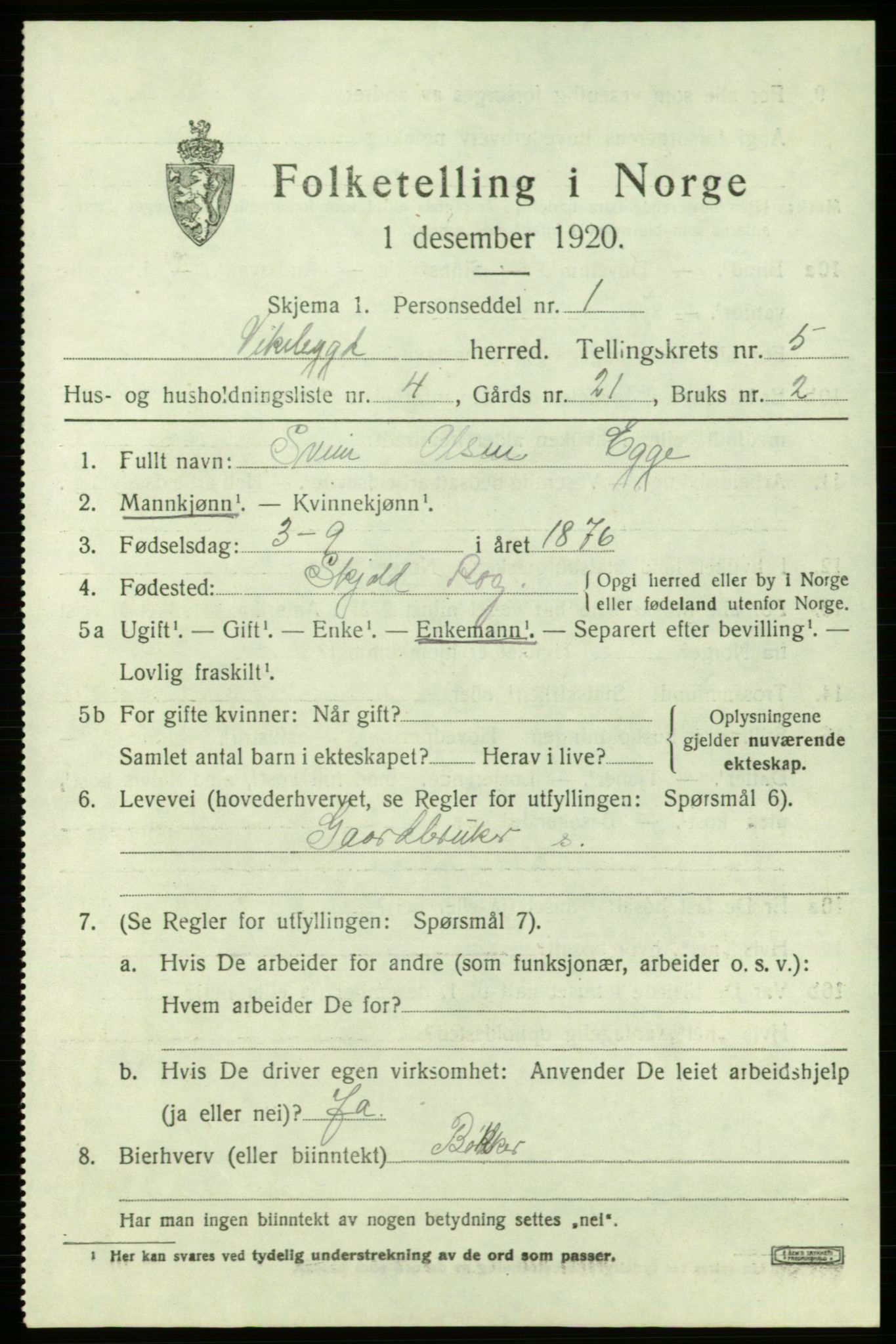 SAB, Folketelling 1920 for 1215 Vikebygd herred, 1920, s. 1699
