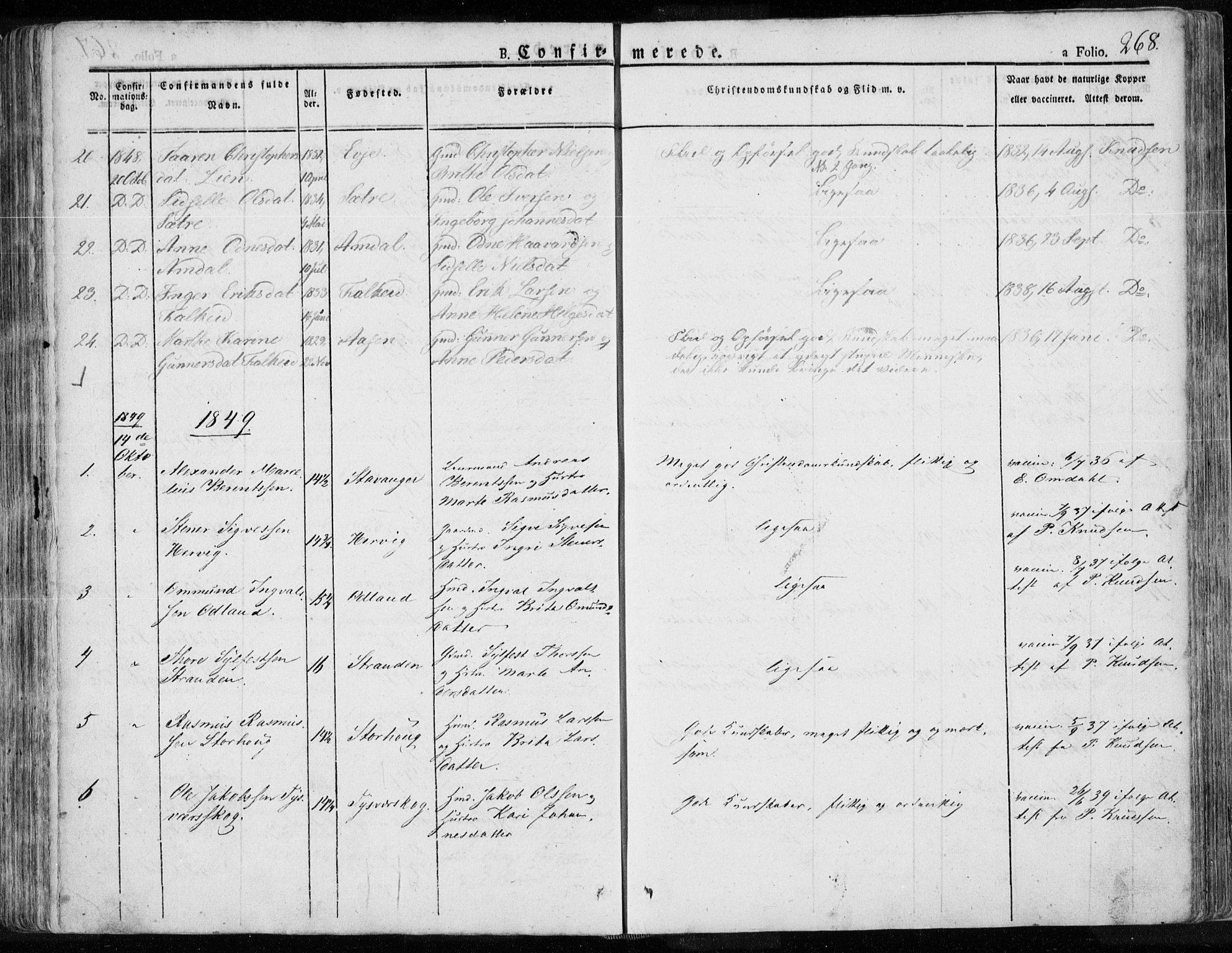 Tysvær sokneprestkontor, SAST/A -101864/H/Ha/Haa/L0001: Ministerialbok nr. A 1.1, 1831-1856, s. 268