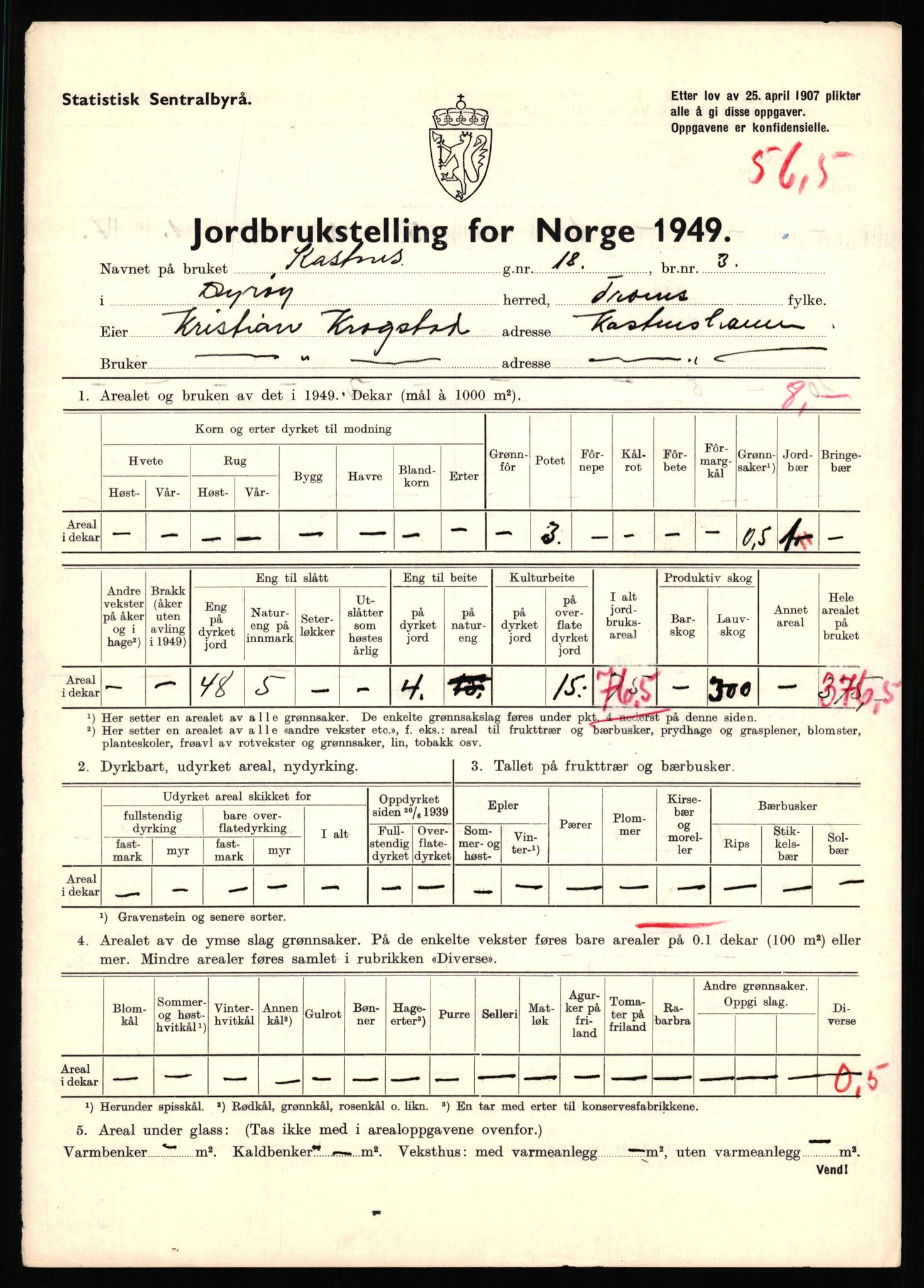 Statistisk sentralbyrå, Næringsøkonomiske emner, Jordbruk, skogbruk, jakt, fiske og fangst, AV/RA-S-2234/G/Gc/L0440: Troms: Sørreisa og Dyrøy, 1949, s. 1617