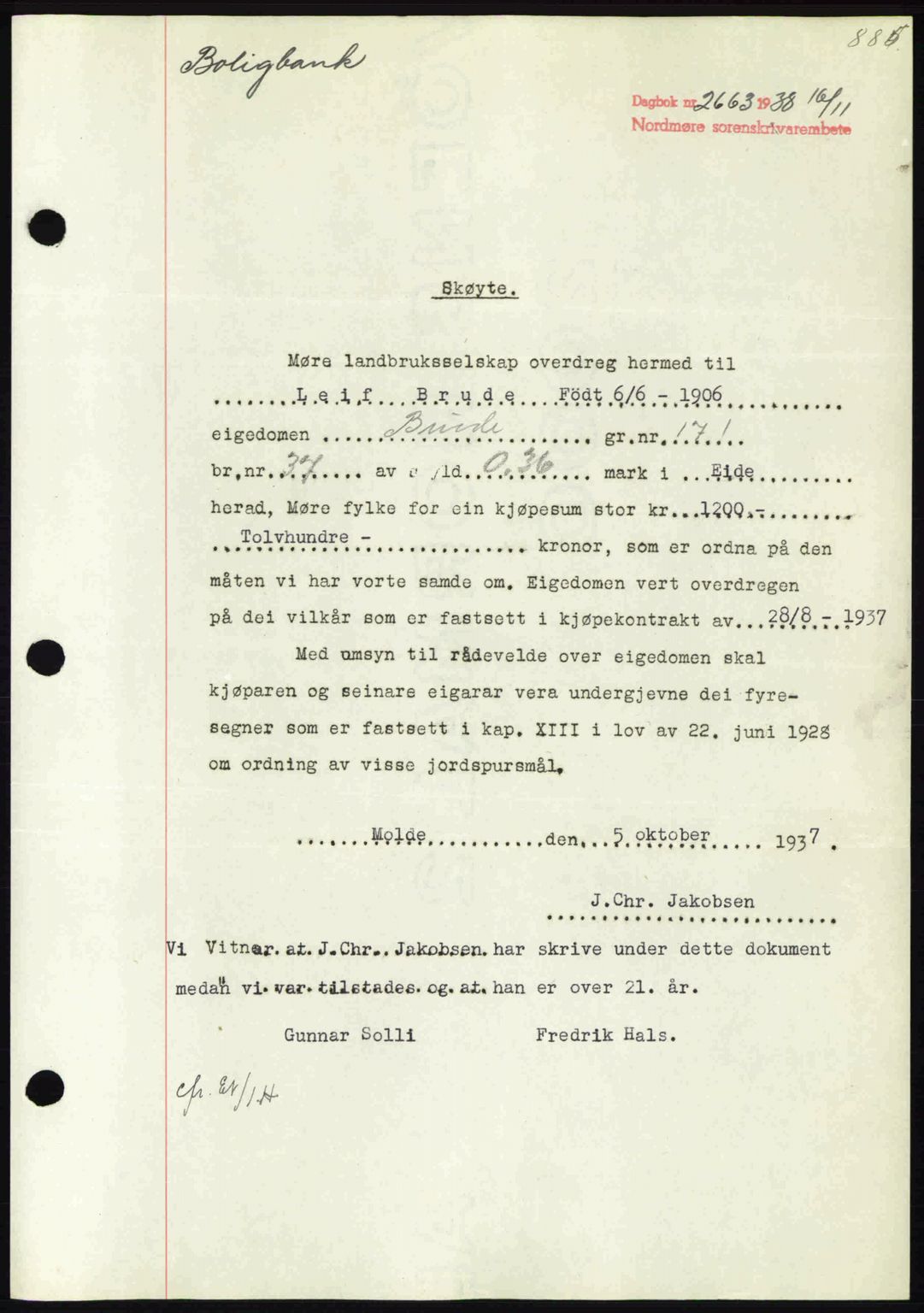 Nordmøre sorenskriveri, SAT/A-4132/1/2/2Ca: Pantebok nr. A84, 1938-1938, Dagboknr: 2663/1938