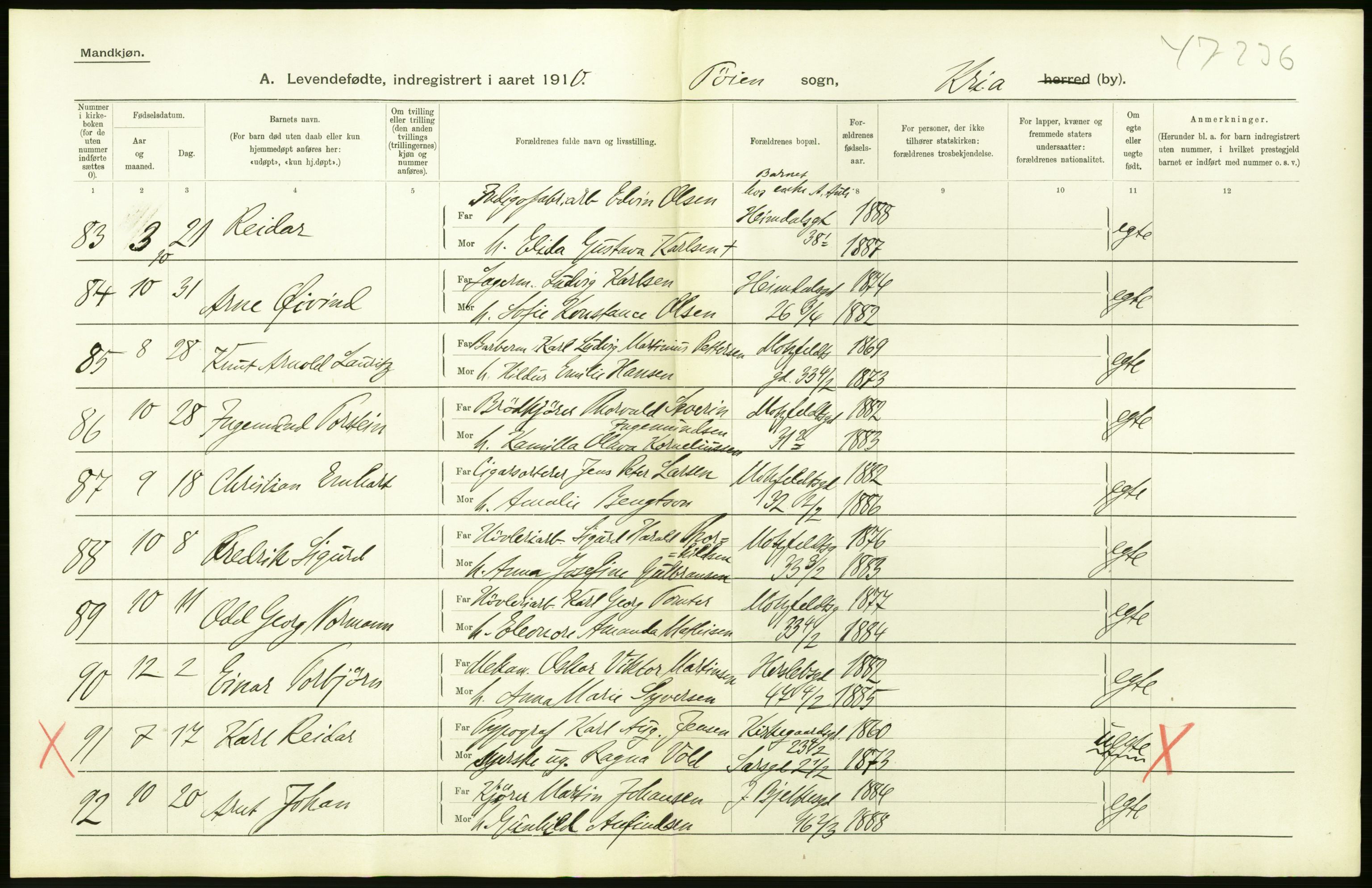Statistisk sentralbyrå, Sosiodemografiske emner, Befolkning, AV/RA-S-2228/D/Df/Dfa/Dfah/L0006: Kristiania: Levendefødte menn., 1910, s. 4