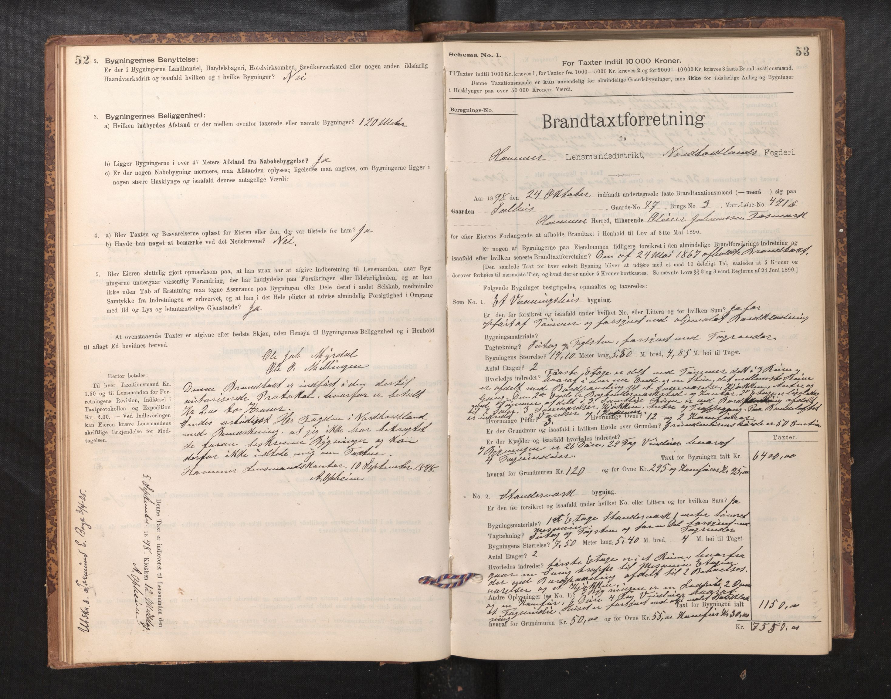 Lensmannen i Hamre, SAB/A-32601/0012/L0004: Branntakstprotokoll, skjematakst, 1895-1920, s. 52-53