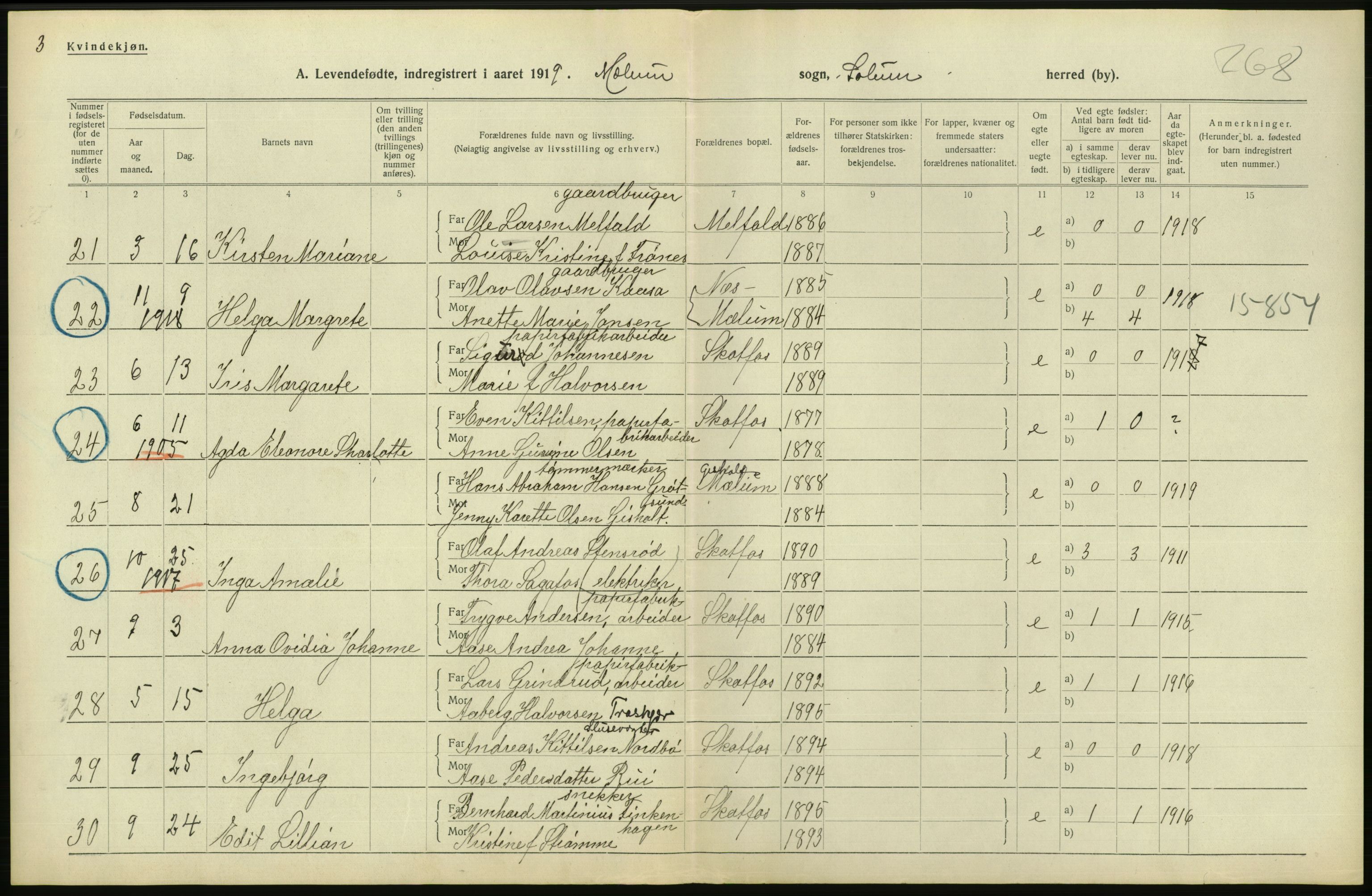 Statistisk sentralbyrå, Sosiodemografiske emner, Befolkning, AV/RA-S-2228/D/Df/Dfb/Dfbi/L0021: Telemark fylke: Levendefødte menn og kvinner. Bygder., 1919, s. 150