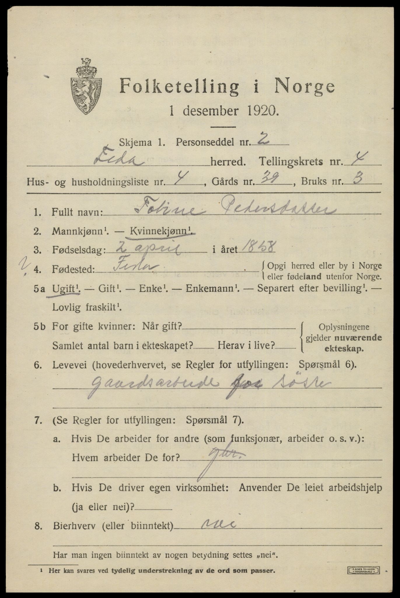 SAK, Folketelling 1920 for 1038 Feda herred, 1920, s. 1861